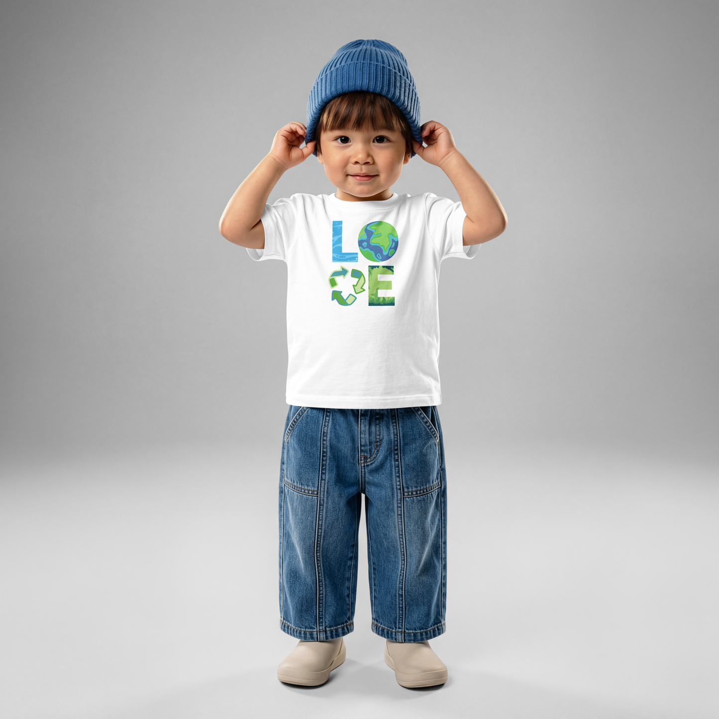 Toddler Earth Day graphic tee featuring globe, recycle symbol, ocean waves, and greenery inspired letters