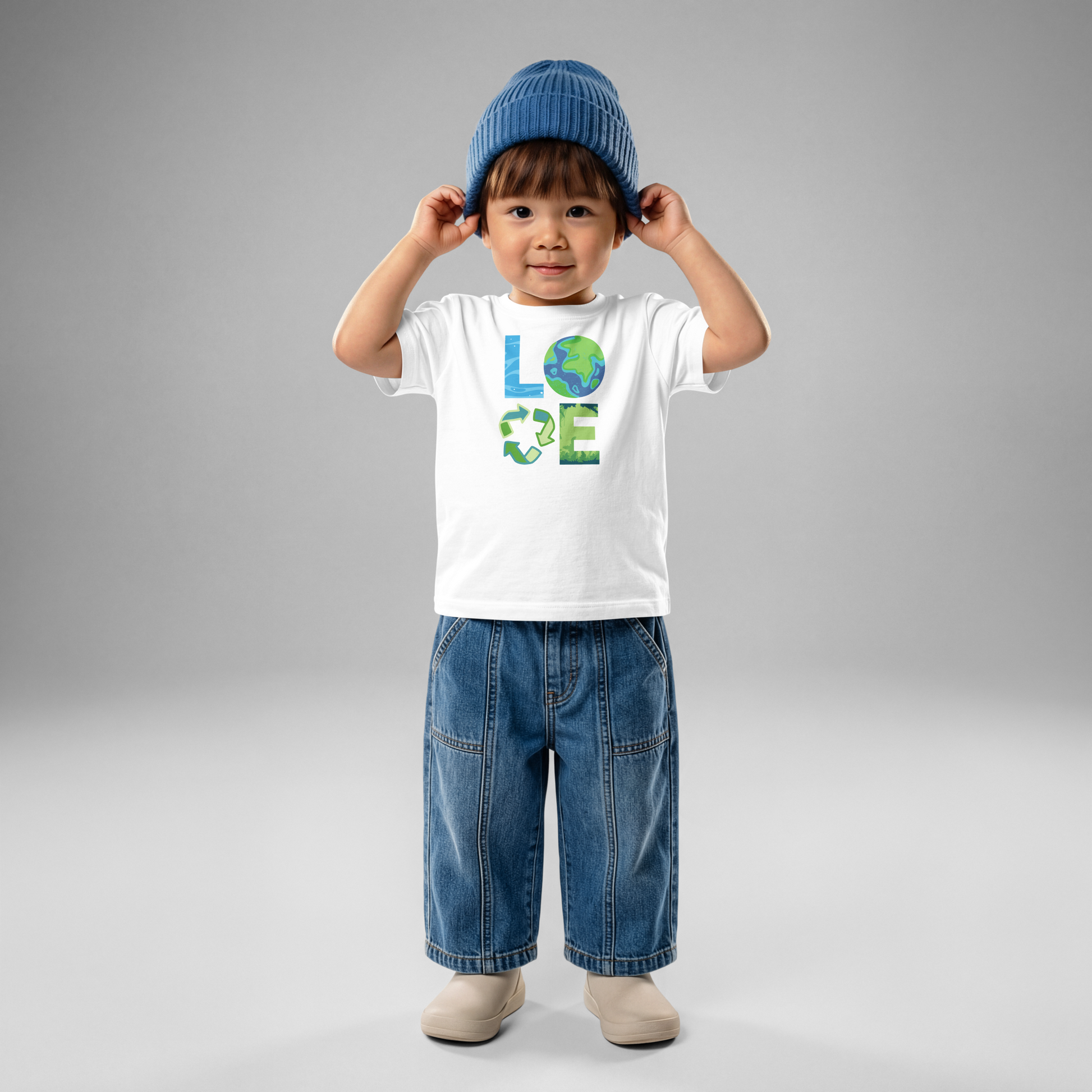 Toddler Earth Day graphic tee featuring globe, recycle symbol, ocean waves, and greenery inspired letters