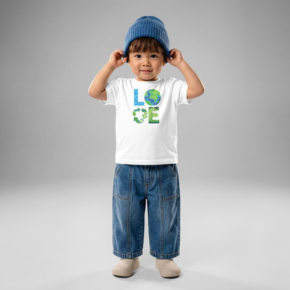Toddler Earth Day graphic tee featuring globe, recycle symbol, ocean waves, and greenery inspired letters
