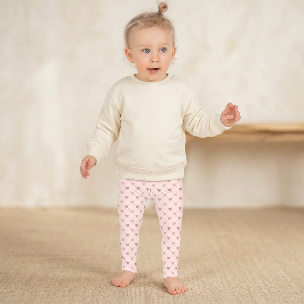 Two year old toddler girl wearing pink heart leggings styled with a solid ivory sweatshirt for a cute everyday outfit. The full length leggings feature a soft light pink background, delicate diamond lattice pattern, scattered pink hearts, and a comfortable high rise elastic waistband. Available in girls sizes 2T through 7, these stretchy toddler leggings are perfect for preschool, playdates, Valentine's Day celebrations, and matching Mommy and Me outfits.