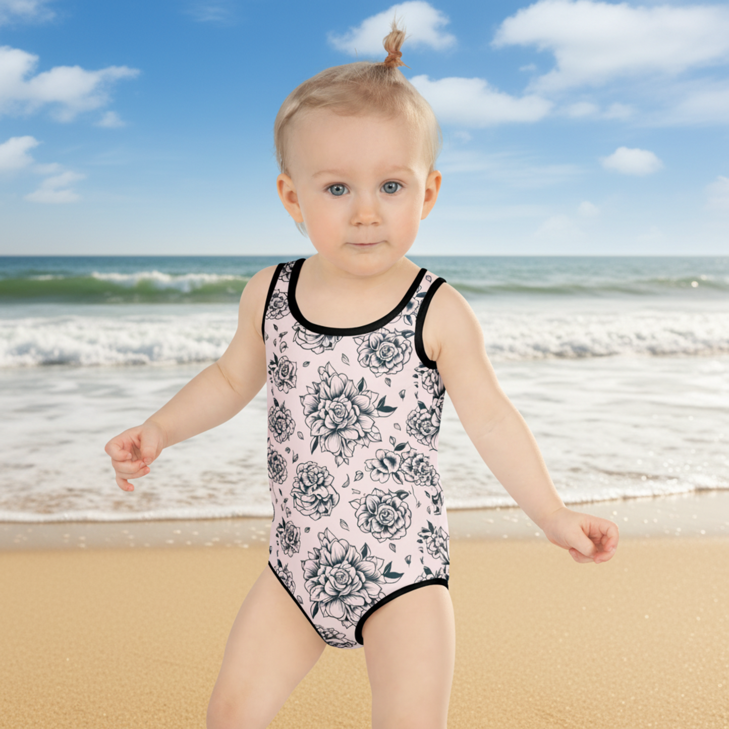 Pink floral swimsuit for toddlers and girls featuring dark blue vintage rose artwork with a timeless look. Available in one piece sizing from 2T to 20.