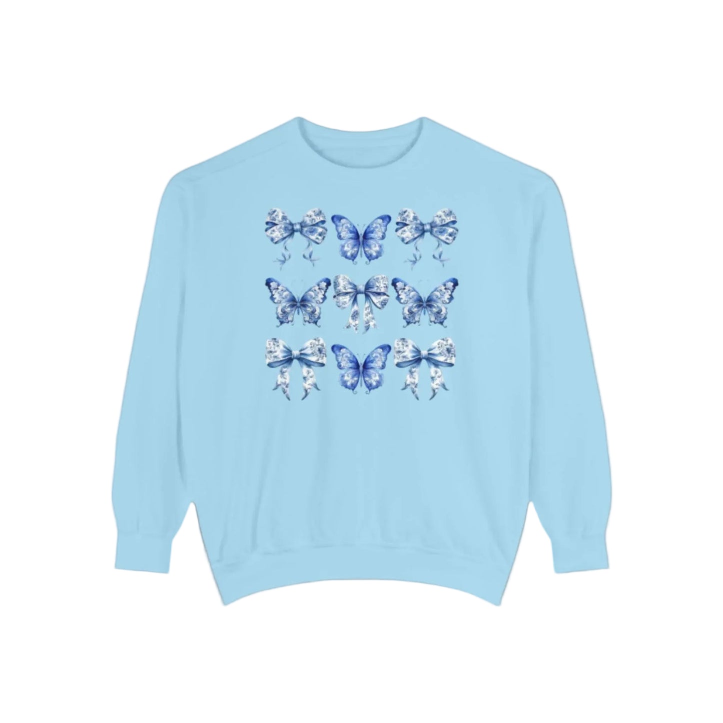 Image: Elegant yet comfortable sweatshirt for women with blue toile butterflies and bows, blending classic charm with modern softness. Sized XS to XL and designed for matching with toddlers and girls, this sweatshirt brings Texas coquette and coastal cowgirl fashion into the family wardrobe. A must-have for casual spring days, by jaecrece.