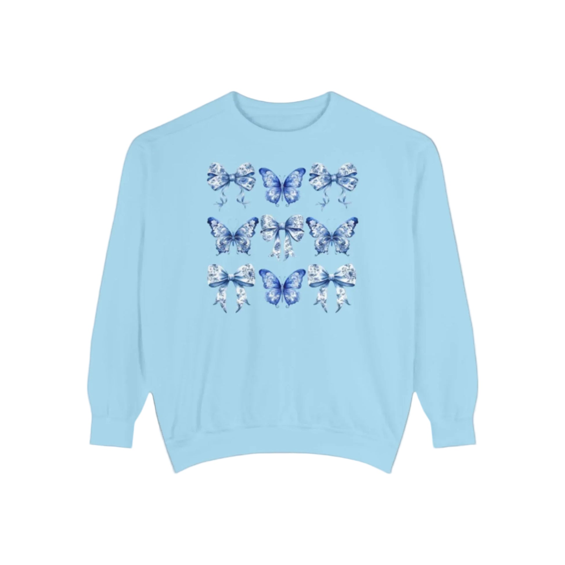 Image: Elegant yet comfortable sweatshirt for women with blue toile butterflies and bows, blending classic charm with modern softness. Sized XS to XL and designed for matching with toddlers and girls, this sweatshirt brings Texas coquette and coastal cowgirl fashion into the family wardrobe. A must-have for casual spring days, by jaecrece.
