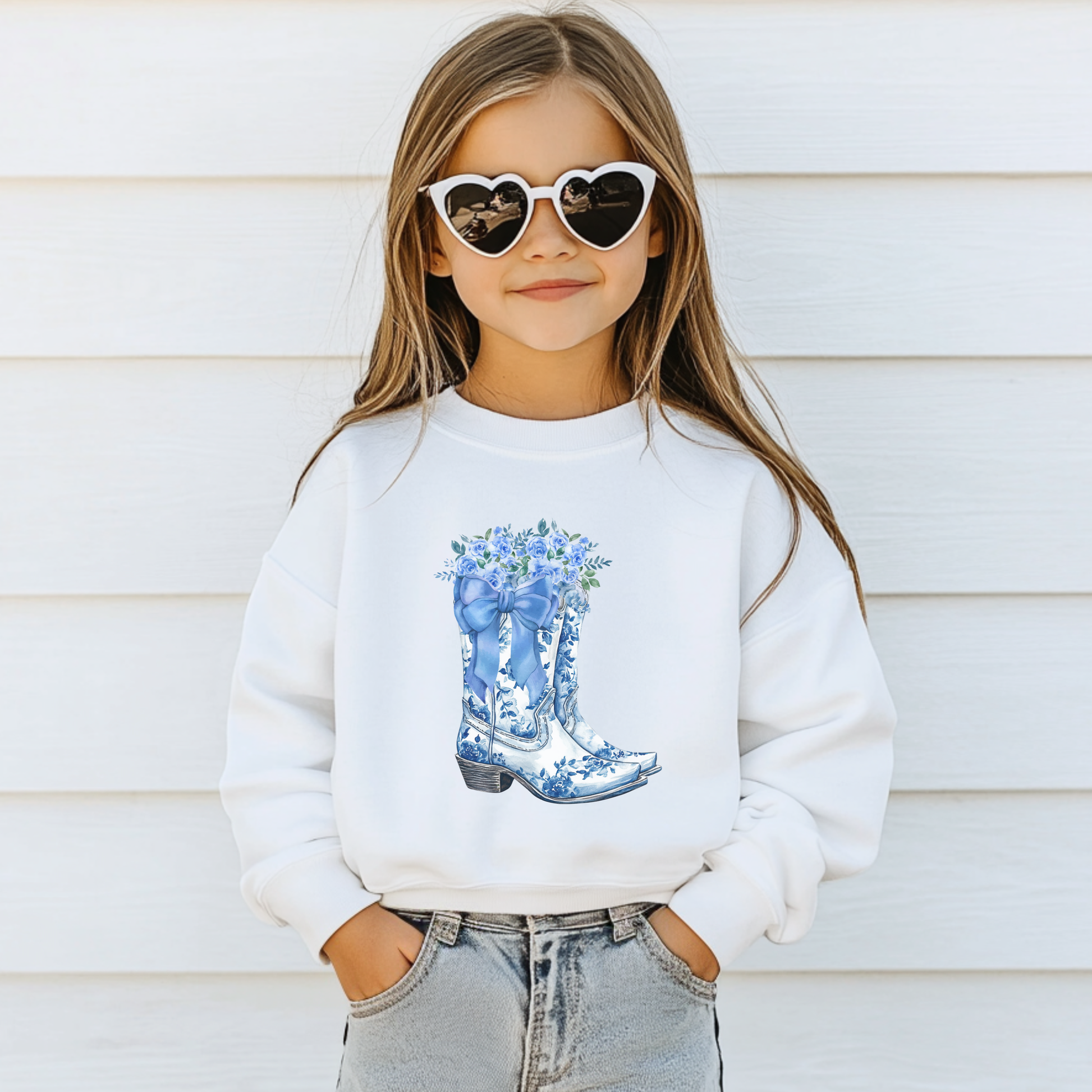 Girl wearing a white Blue Toile Boots sweatshirt with a blue floral cowboy boot design across the front. This feminine Western inspired girls sweatshirt combines a classic blue and white color palette with country charm, making it perfect for everyday outfits, school and casual occasions.