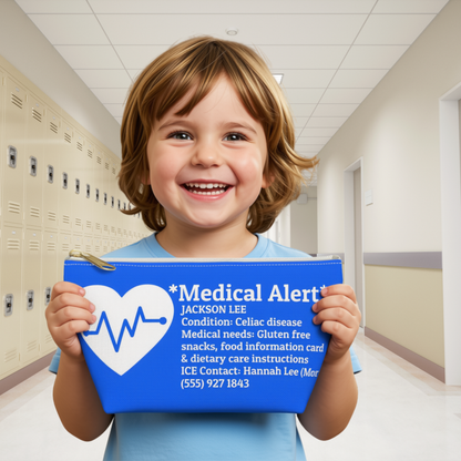 Personalized kids medical bag designed for backpacks school supplies summer camp sports and family travel. A young child with light brown hair stands in a school hallway holding a bright blue zip pouch. The pouch has a white heart with a heartbeat line and the text '*Medical Alert' followed by a child's name and medical information.