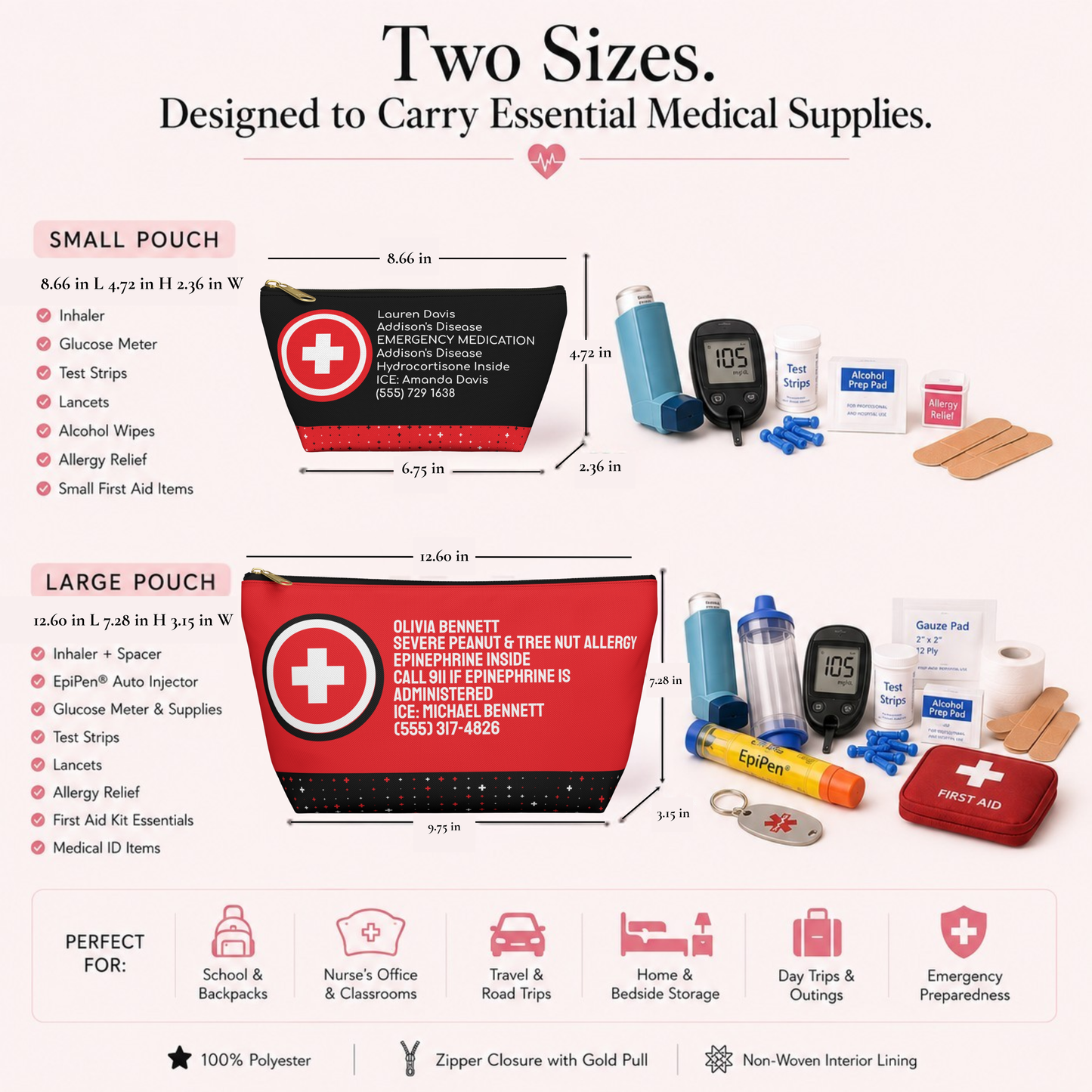 Size comparison of custom medical alert pouch available in small and large. Perfect for carrying medication, emergency information, inhalers, and everyday medical essentials.