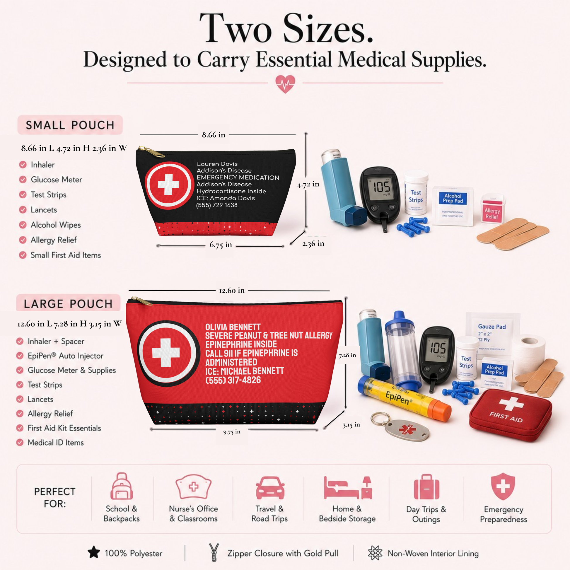 Size comparison of custom medical alert pouch available in small and large. Perfect for carrying medication, emergency information, inhalers, and everyday medical essentials.
