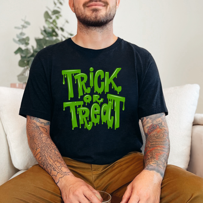 Unisex Trick or Treat t-shirt with green slime lettering for a spooky, playful Halloween look. Made from 100% cotton and available in sizes XS–5XL, this Halloween tee is a fun and comfortable way to celebrate October. Perfect for horror fans, haunted house nights, and group costume themes with a gothic twist.