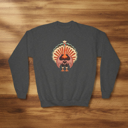 Image: Turkey Day Sweatshirt in Child Sizes. This Thanksgiving Day crewneck Sweater features a large Turkey making the love sign with his hands. This kids cozy pullover makes a perfect gift or Turkey Trot outfit, by jaecrece