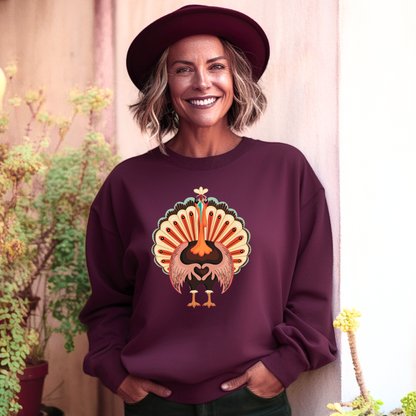 Turkey Love Sweatshirt shown in Maroon, made from soft, durable Gildan 18000 fleece. Perfect for family matching Thanksgiving outfits, Friendsgiving dinners, or fall photos. Available in adult S–5XL and coordinating kids’ Gildan 18000B sizes. Unisex crewneck provides warmth and comfort for cozy autumn days. Keywords: holiday pullover, family matching shirt, cozy fleece, fall fashion, seasonal outfit.