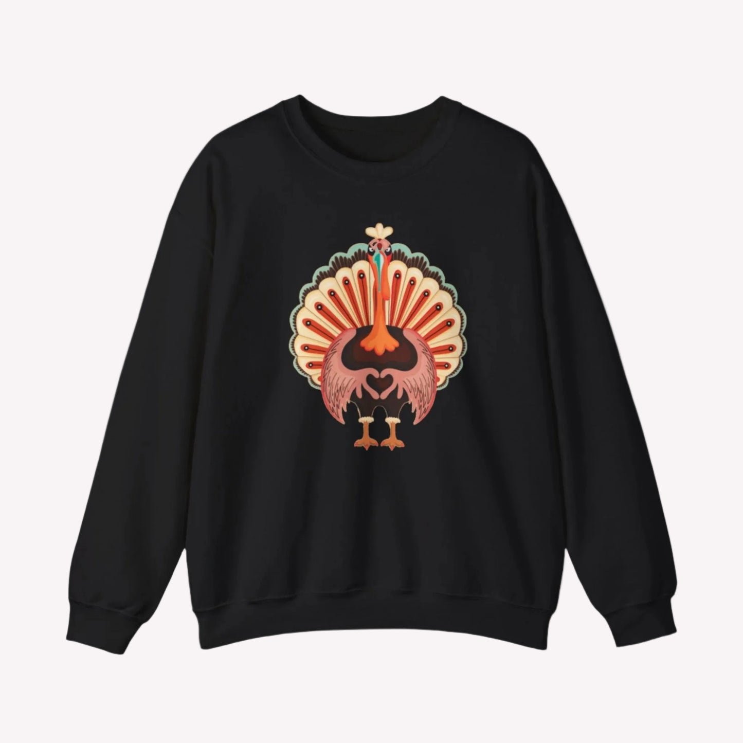 Image: Black Turkey Day Sweatshirt in Womens Sizes. This Turkey Day Sweater features a large Turkey making the love sign with his hands. This cozy pullover makes a perfect gift, by jaecrece
