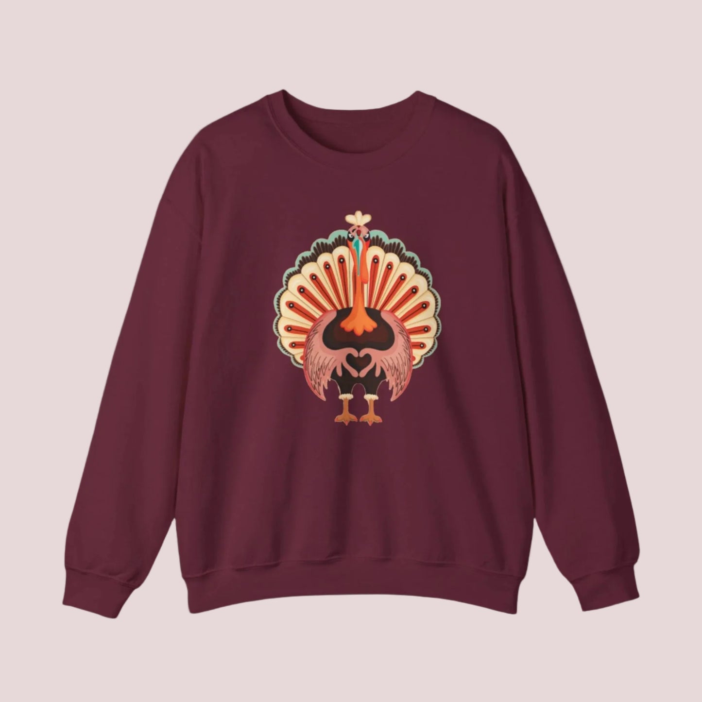 Image: Family Matching funny Turkey Day Sweatshirt in Womens Sizes. This Thanksgiving Day Sweater features a large Turkey making the love sign with his hands. This cozy pullover makes a perfect gift, by jaecrece
