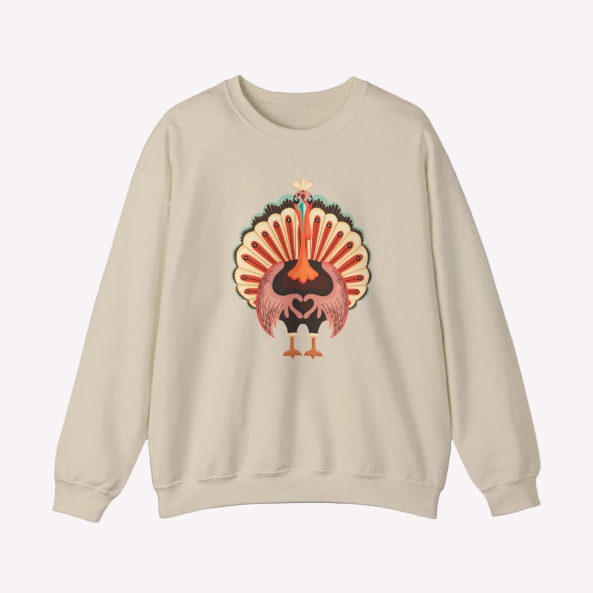 Image: Turkey Day Sweatshirt in Womens Sizes. This Turkey Day Sweater features a large Turkey making the love sign with his hands. This cozy pullover makes a perfect gift, by jaecrece