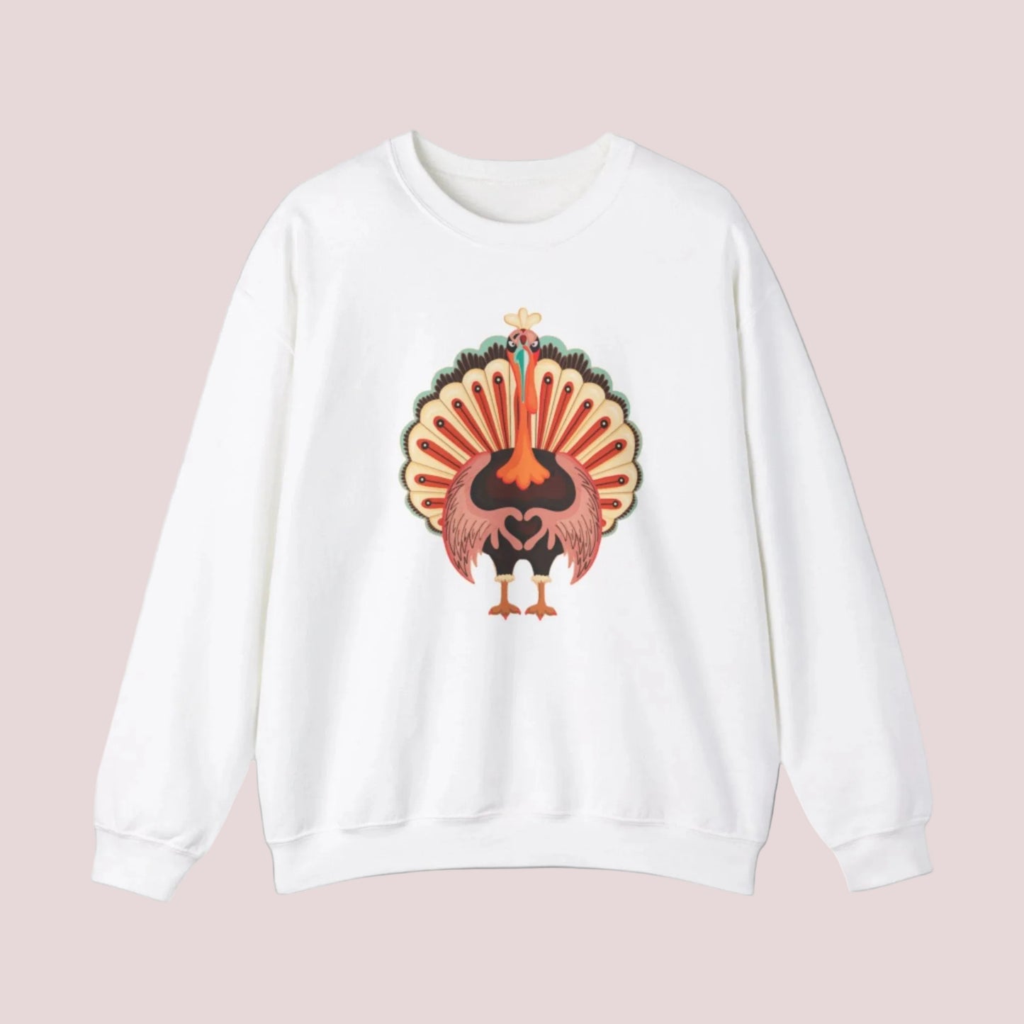 Image: Funny Turkey Sweatshirt in Womens Sizes. This Turkey Day Sweater features a large Turkey making the love sign with his hands. This cozy pullover makes a perfect gift, by jaecrece