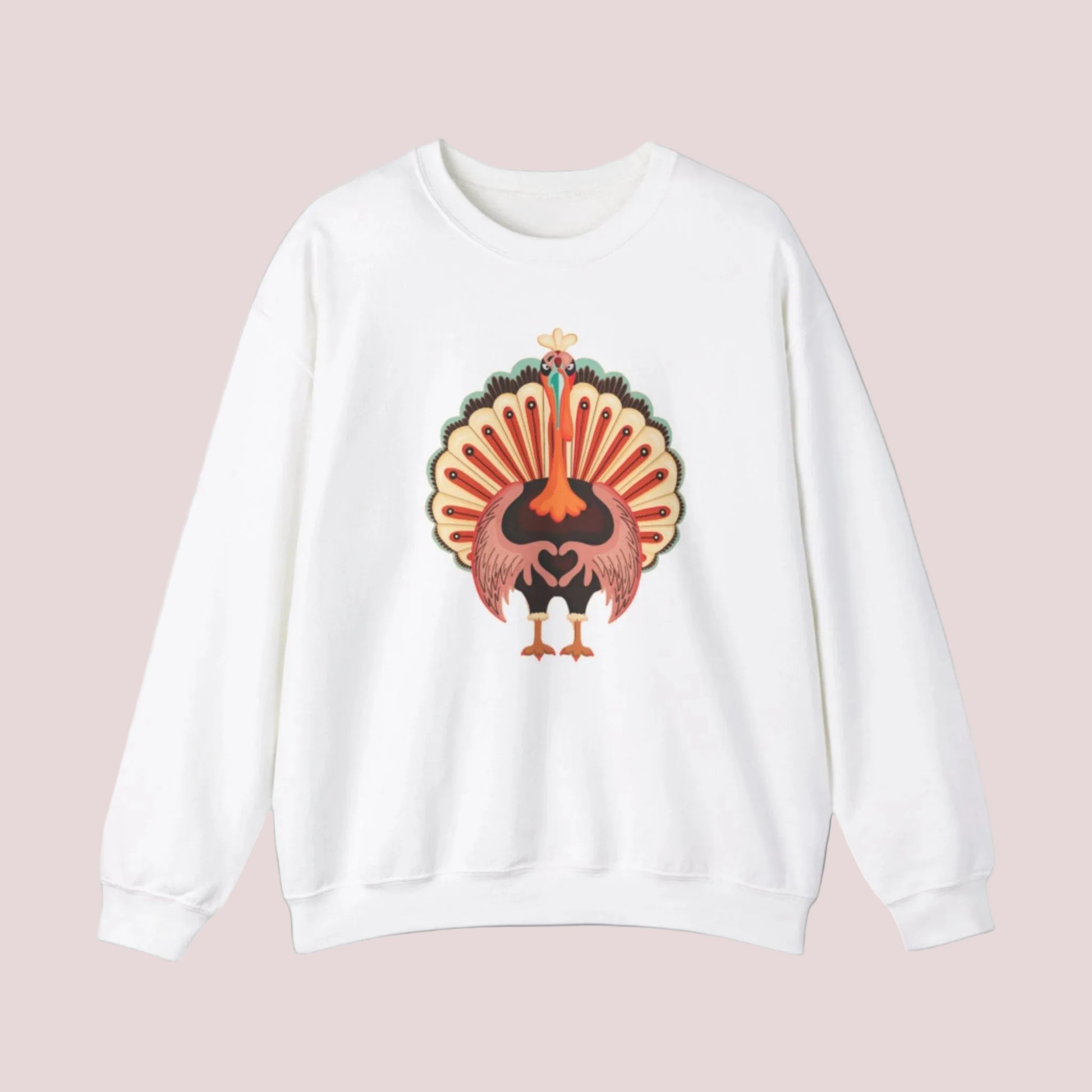 Image: Funny Turkey Sweatshirt in Womens Sizes. This Turkey Day Sweater features a large Turkey making the love sign with his hands. This cozy pullover makes a perfect gift, by jaecrece