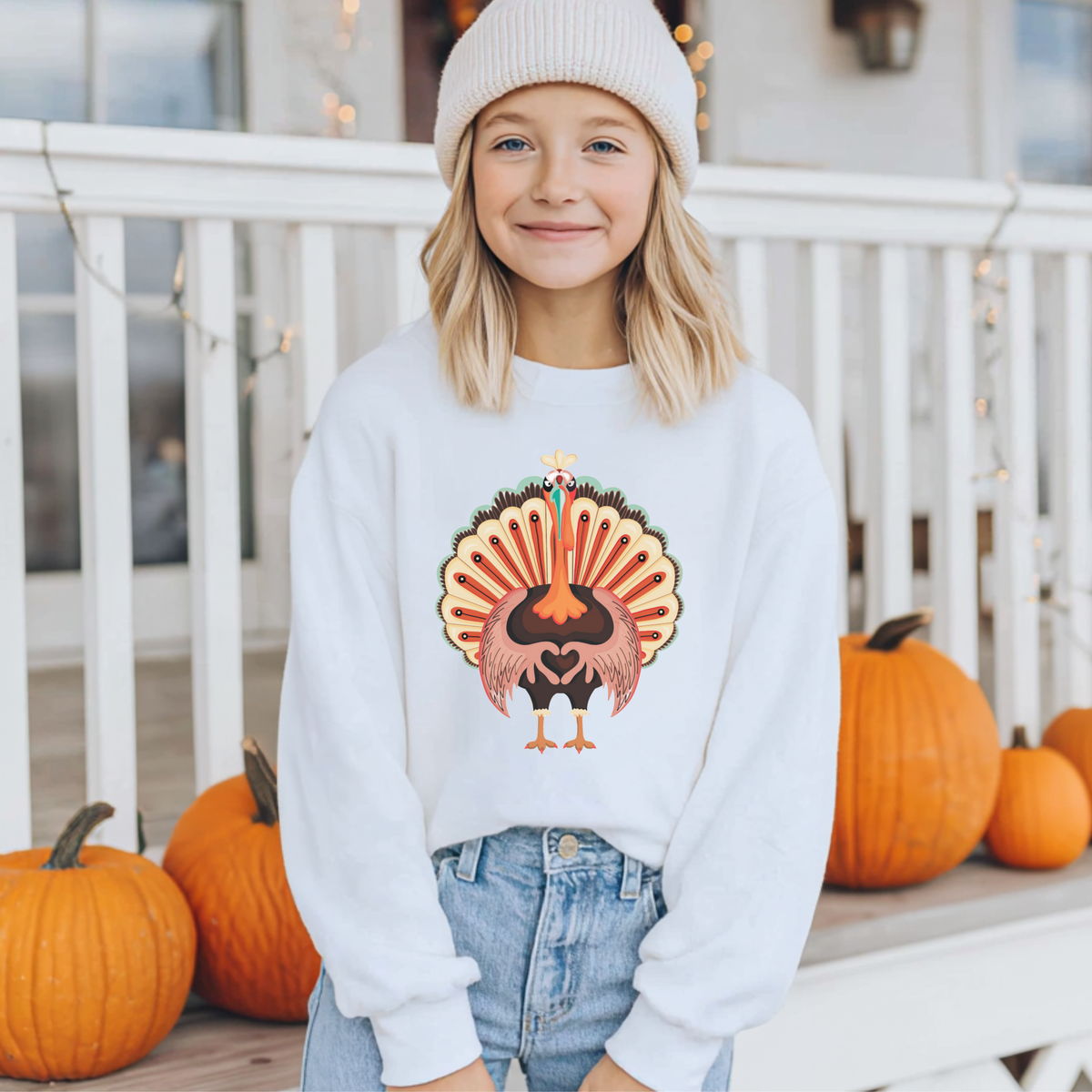 Family matching youth Thanksgiving sweatshirt featuring an adorable colorful turkey with heart shaped wings, perfect for kids to coordinate with matching adult holiday sweatshirts
