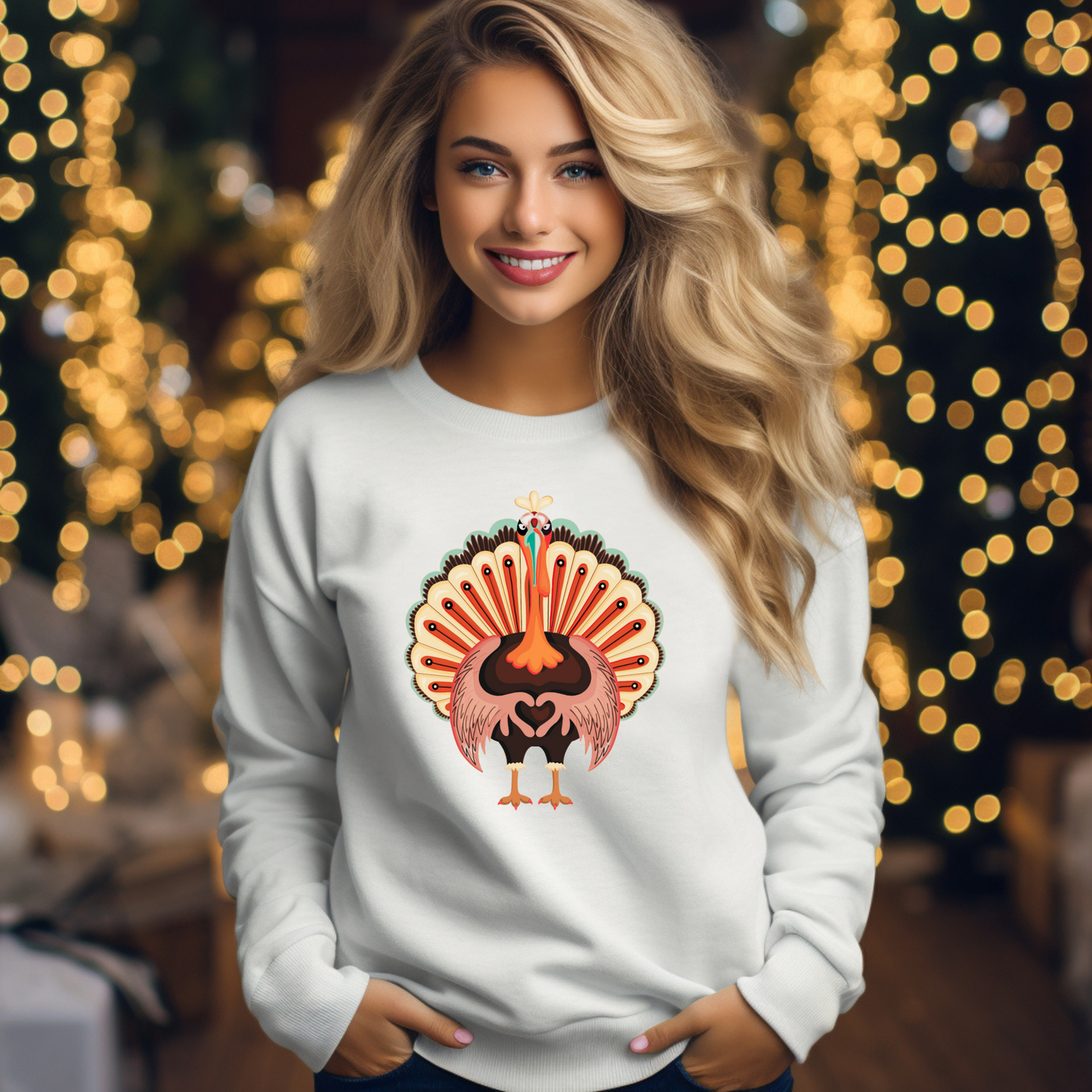 White Turkey Love Sweatshirt made from soft cotton-poly fleece, featuring a festive turkey heart on the chest. Adult S–5XL with coordinating kids’ sizes makes it ideal for Thanksgiving gatherings, family photos, or cozy fall 
