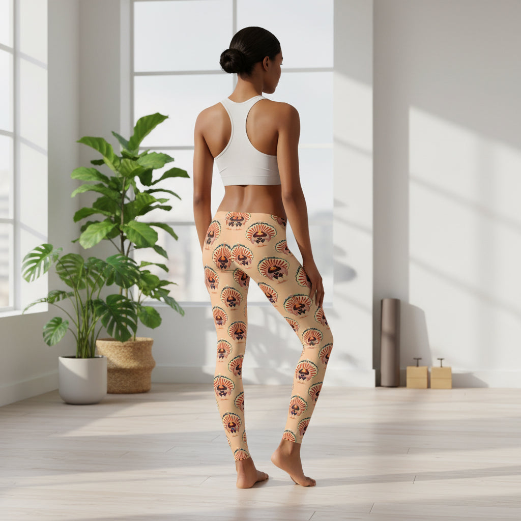 Thanksgiving Turkey Love ladies leggings. These womens yoga pants are peach, and have a repeating pattern of turkeys showing the love sign with their hands. These womens tights make a great gift, or a family matching outfit for the Turkey Trot! by jaecrece