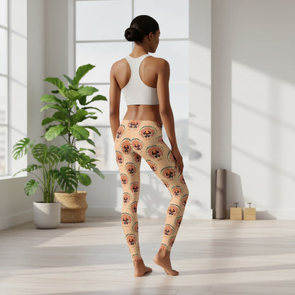 Thanksgiving Turkey Love ladies leggings. These womens yoga pants are peach, and have a repeating pattern of turkeys showing the love sign with their hands. These womens tights make a great gift, or a family matching outfit for the Turkey Trot! by jaecrece