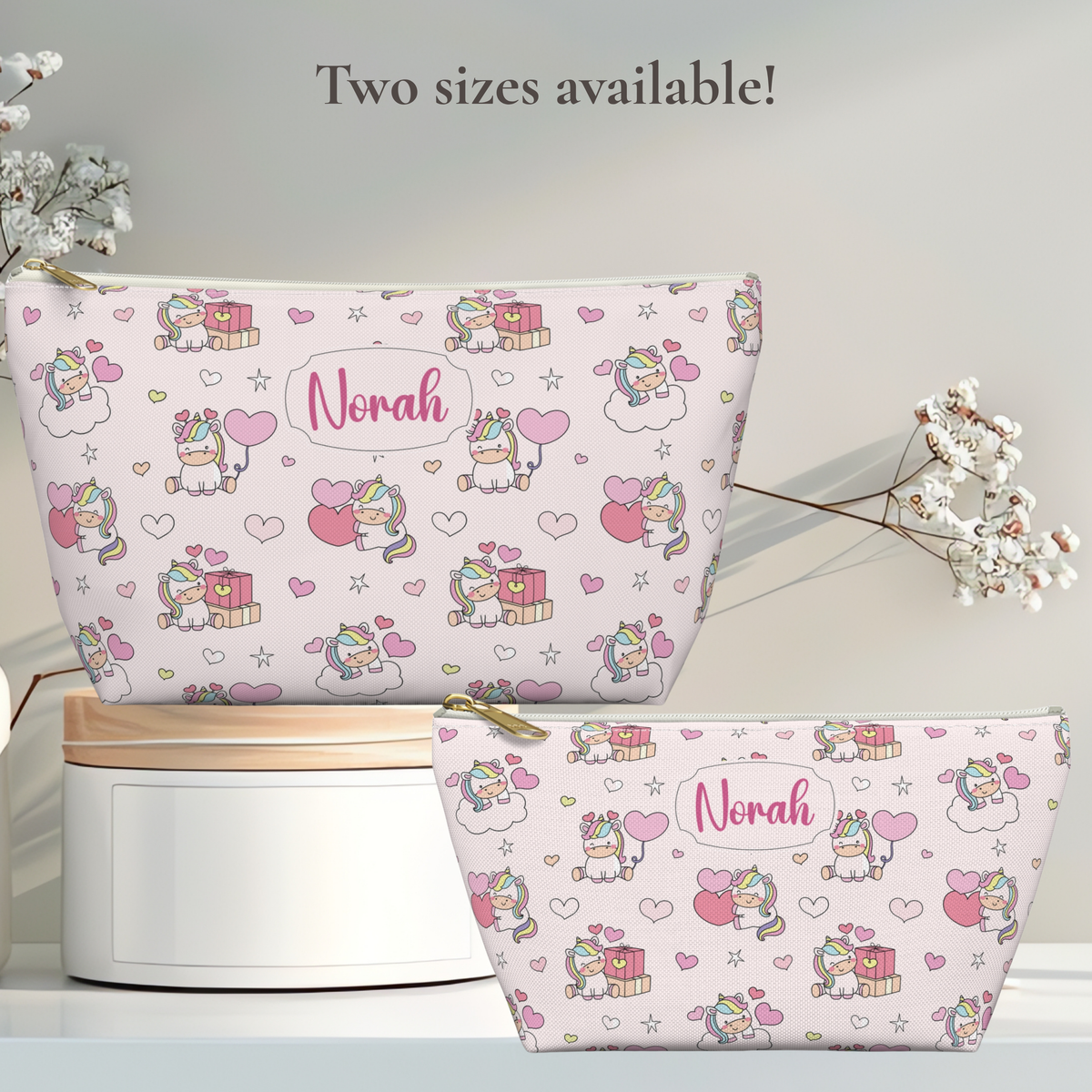 Personalized unicorn zipper pouch featuring a pastel rainbow design with colorful unicorns, hearts, stars, clouds and gift details. The custom name adds a personal touch to this cute girls accessory, while the whimsical cutecore aesthetic makes it a fun choice for makeup, toiletries, school supplies, travel essentials, sleepovers or everyday organization.
