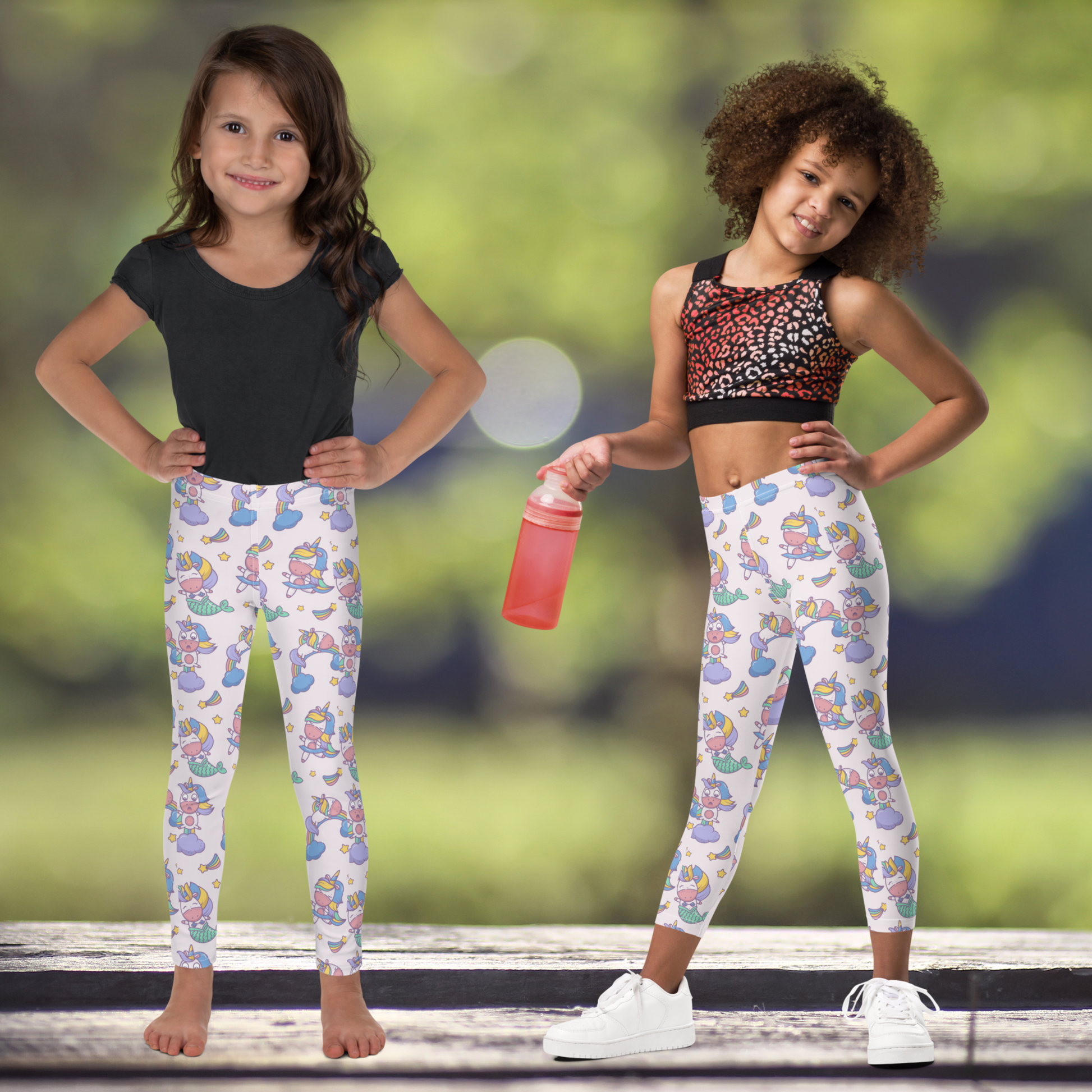 Soft girls leggings featuring a dreamy mermaid unicorn design with stars, clouds, and rainbows printed across a pastel pink background. These high waist leggings are made for comfort and movement, with a full length fit that works for school days, weekend outings, or relaxing at home. Lightweight stretchy fabric is ideal for active kids who need flexible clothing. A whimsical and colorful style for everyday girls outfits.