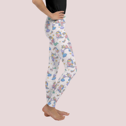 Soft and stretchy youth leggings featuring kawaii mermaid unicorn design with rainbows, stars, and clouds, high rise waistband and full length fit for comfortable everyday wear, made for active girls who need flexible clothing for school, dance, and playtime, whimsical aesthetic fashion with a pink fantasy theme, easy to style with casual tops or hoodies for fun and comfortable outfits