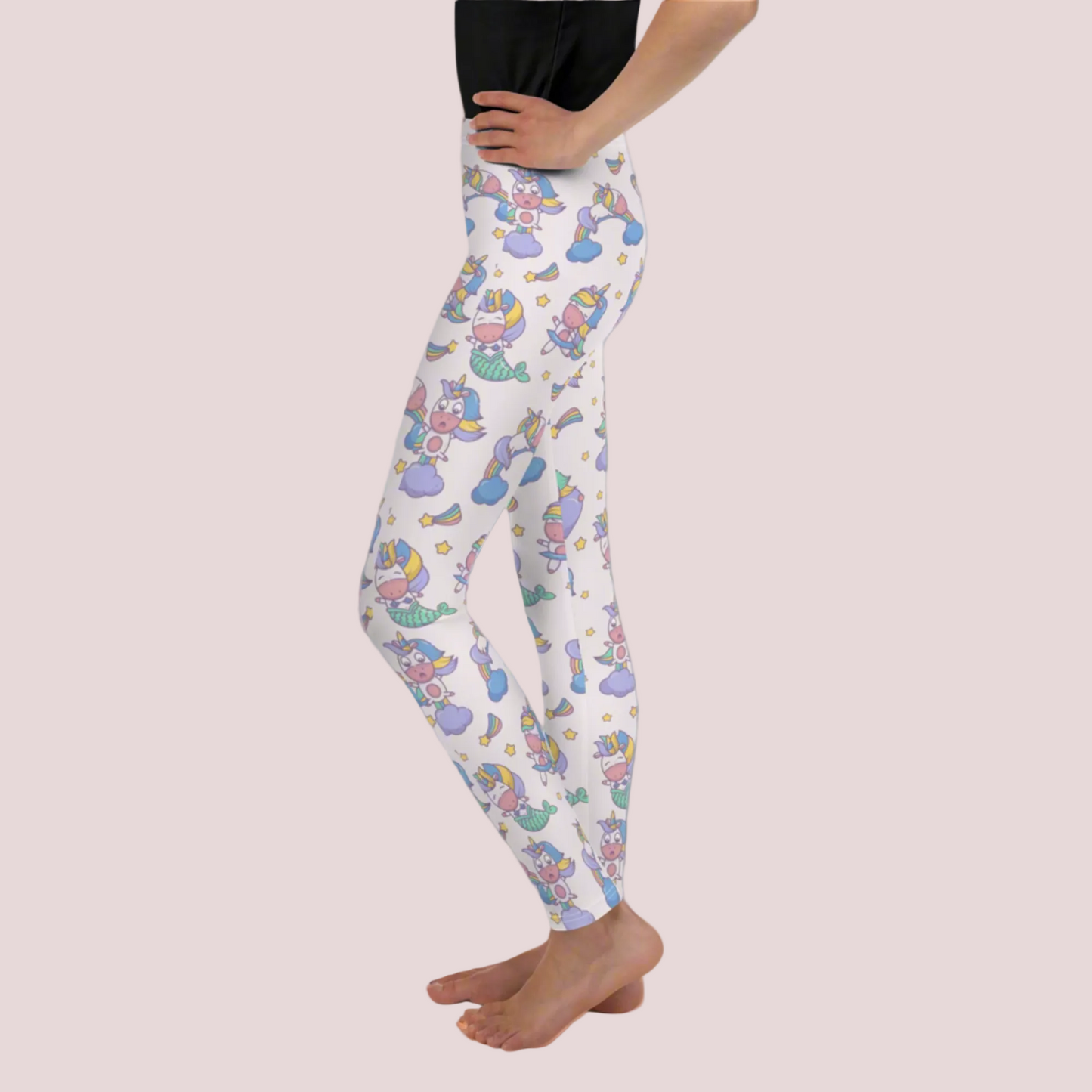 Youth leggings for girls featuring a kawaii mermaid unicorn print with soft pastel colors, high waist fit and full length design for comfort and coverage, stretchy fabric made for all day movement, ideal for school, playdates, or casual wear, whimsical fantasy inspired clothing with unicorn and mermaid elements, perfect for tweens who enjoy colorful and fun aesthetic outfits