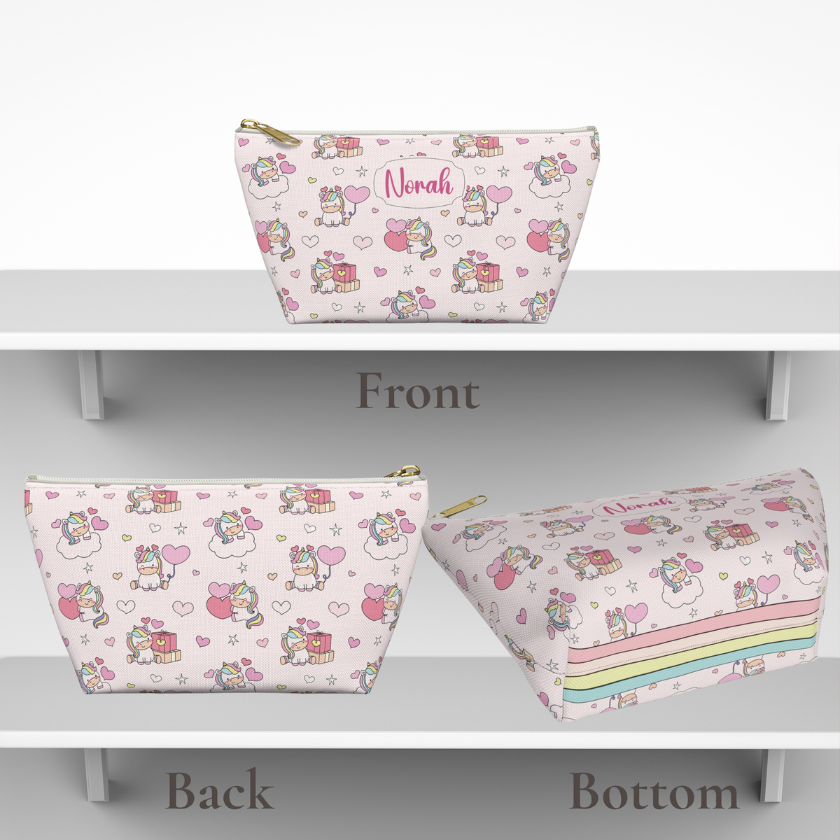 Personalized unicorn zipper pouch shown from the front, back and bottom, featuring a pastel rainbow unicorn design with a cutecore, whimsical aesthetic and custom name personalization. Cute girls pouch for makeup, toiletries, school supplies, travel and everyday essentials.