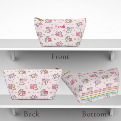 Personalized unicorn zipper pouch shown from the front, back and bottom, featuring a pastel rainbow unicorn design with a cutecore, whimsical aesthetic and custom name personalization. Cute girls pouch for makeup, toiletries, school supplies, travel and everyday essentials.