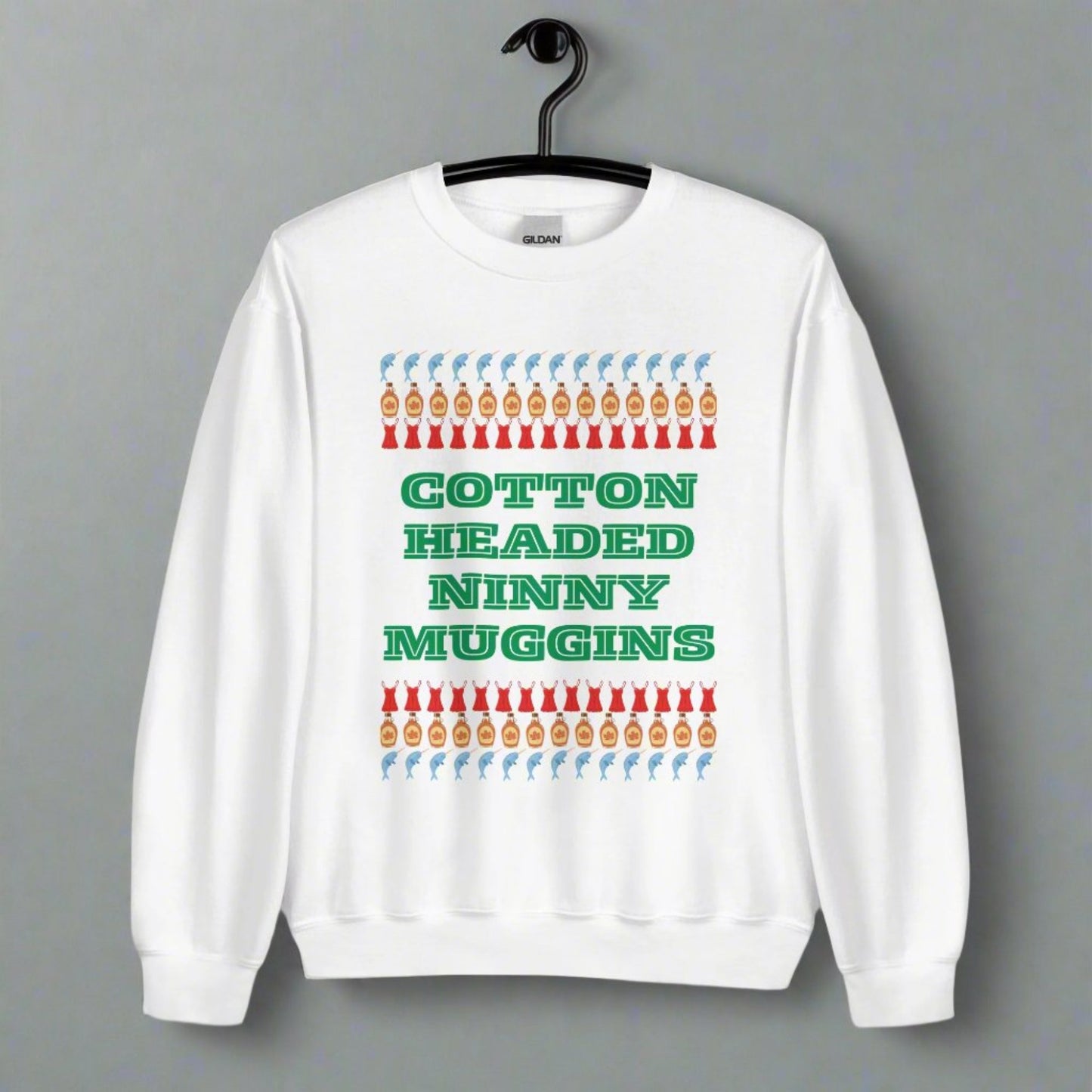 Unisex Cotton Headed Ninny Muggins crewneck sweatshirt shown styled for a holiday outfit. Made from a soft cotton and polyester blend with durable double-needle stitching, this festive sweatshirt features a classic Buddy the Elf quote. A great holiday gift idea, this comfy top brings laughter and nostalgia to Christmas parties, cozy mornings, or Secret Santa exchanges.