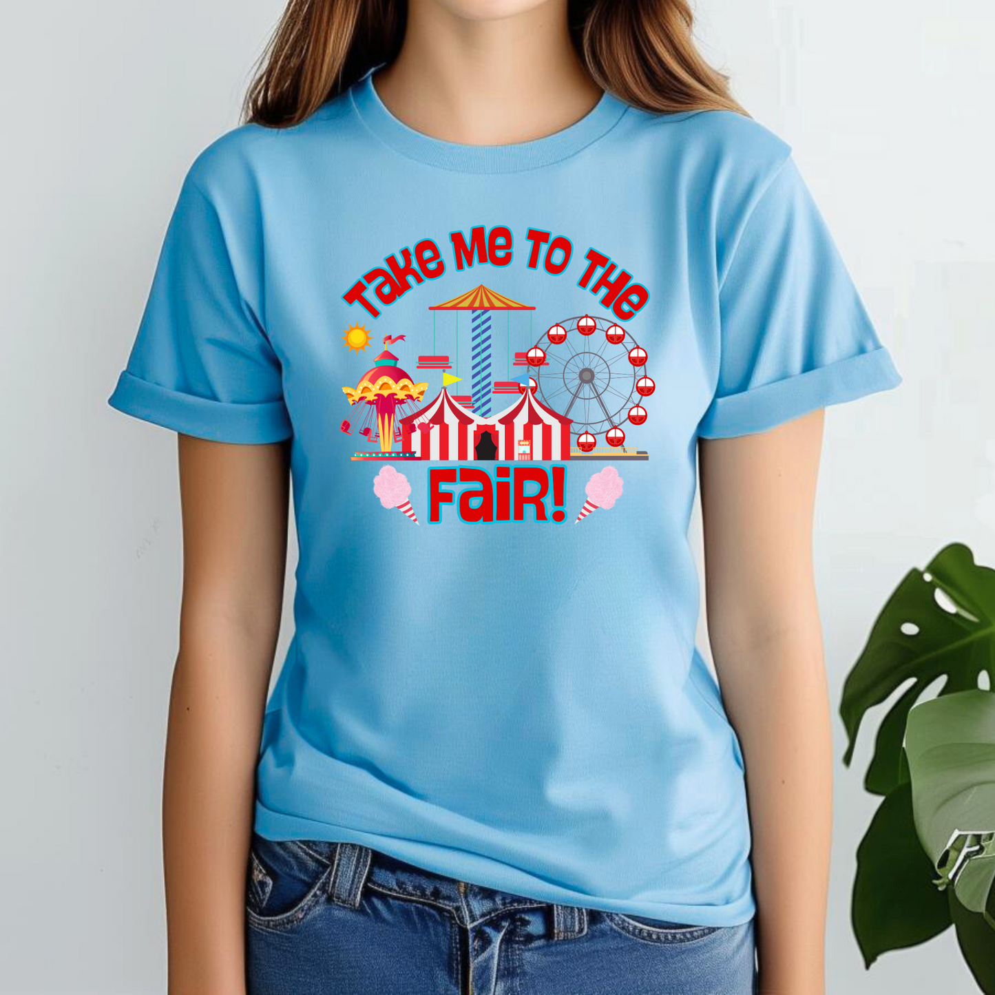 Take Me to the Fair Shirt, State County Fair T-Shirt, Summertime Festival Tee, Ferris Wheel Big Tex Cotton Candy, Iowa Texas Minnesota Fair. This tee features a graphic of carnival rides and cotton candy, by jaecrece