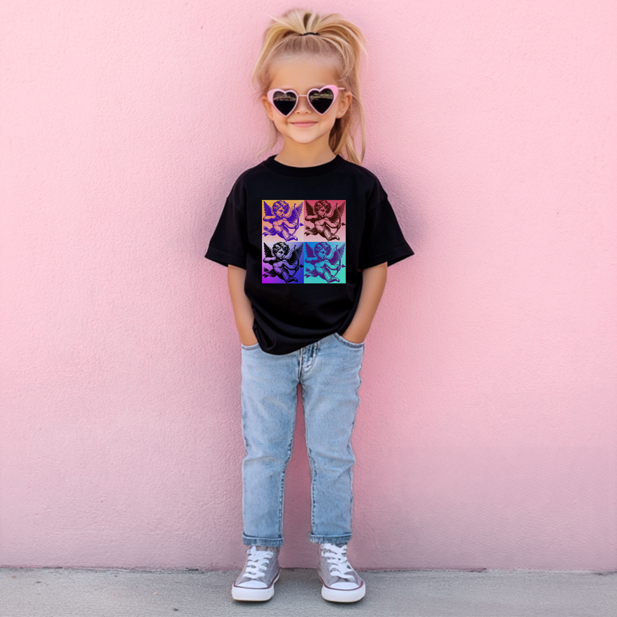 Featuring a retro Pop Art Cupid graphic in the clouds, this toddler tee brings a playful, artsy vibe to any outfit. Available in Black, White, and Pink, this soft, breathable t-shirt ensures comfort and durability for active little ones. The vintage Cupid design makes it a great choice for kids who love fun, expressive fashion. Perfect for casual days, family photos, or Valentine's Day, this tee is an essential addition to any toddler’s pop culture wardrobe.