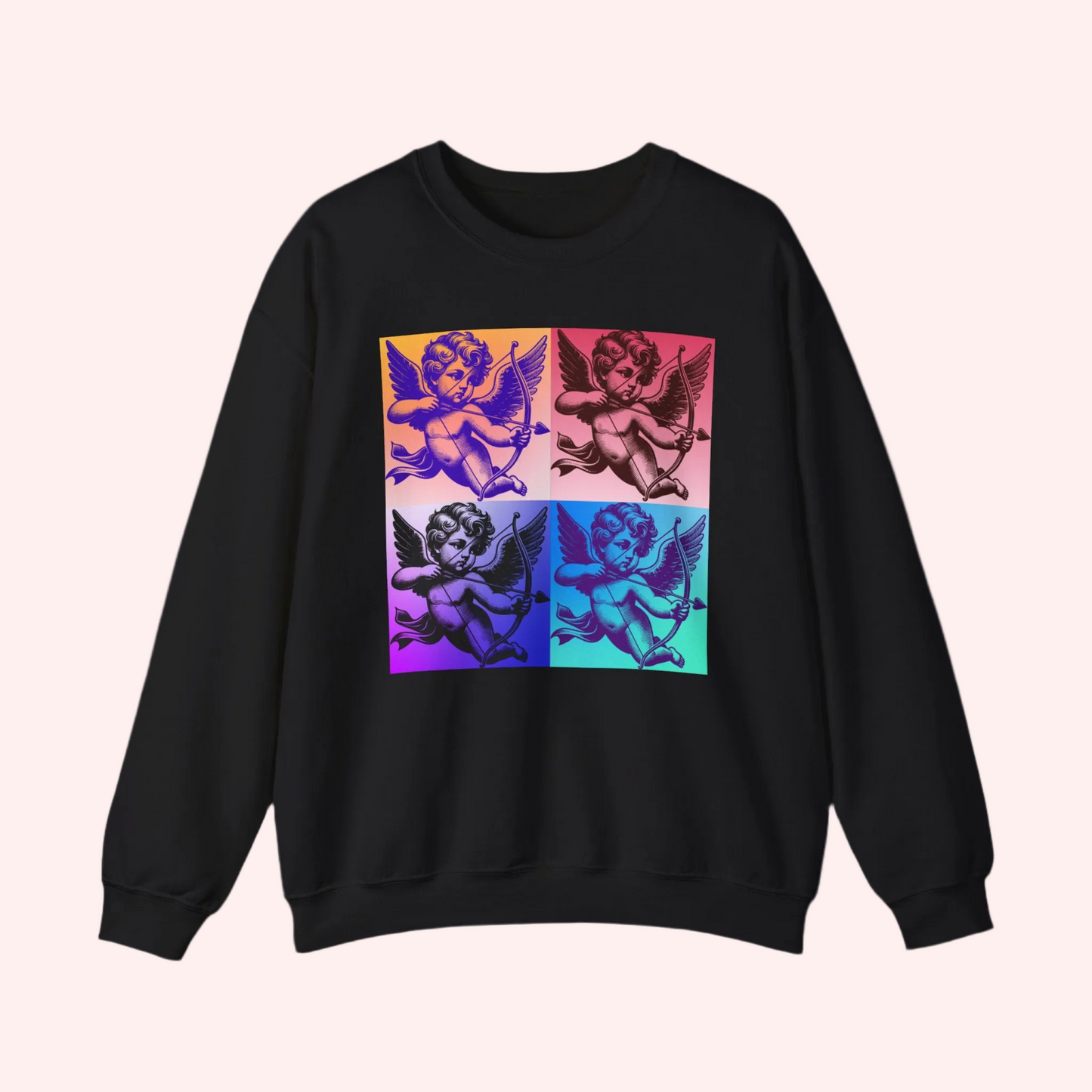 Black flatlay of a pop art cupid sweatshirt featuring a four panel angel graphic printed on a Gildan 18000 crewneck. The bold pop art design stands out against the black fabric, making this cozy sweatshirt perfect for Valentine outfits, artsy everyday wear, and unique gifting. Available in sizes Small through 5XL for body inclusive plus size comfort, with matching child sizes and t shirt options for Mommy and Me outfits.