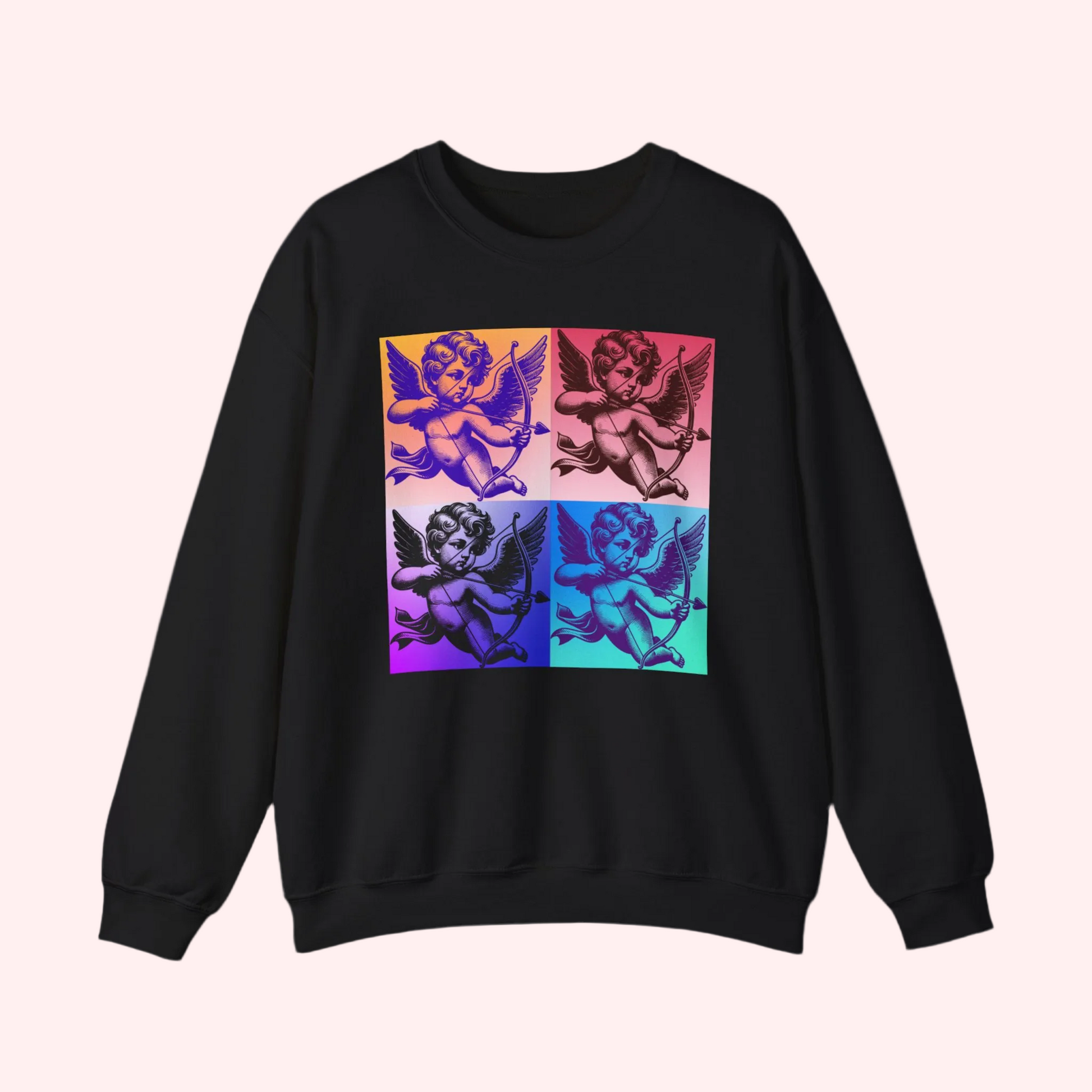 Black flatlay of a pop art cupid sweatshirt featuring a four panel angel graphic printed on a Gildan 18000 crewneck. The bold pop art design stands out against the black fabric, making this cozy sweatshirt perfect for Valentine outfits, artsy everyday wear, and unique gifting. Available in sizes Small through 5XL for body inclusive plus size comfort, with matching child sizes and t shirt options for Mommy and Me outfits.