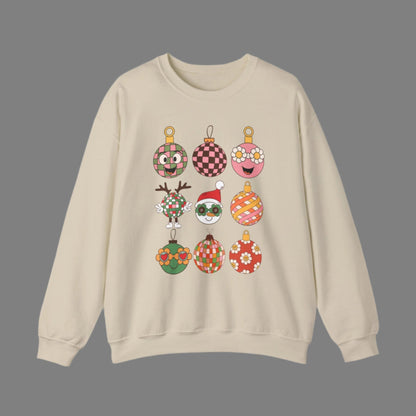 Groovy retro Christmas sweatshirt with nine ornament cartoon characters, including checkered, floral, striped, and a playful Santa. Designed in fun vintage style, this holiday crewneck comes in pink, black, or sand and is available in unisex sizes S–5XL. Cozy and festive, it’s the perfect holiday outfit, retro-inspired Christmas gift, or unique family photo sweatshirt. Printed on durable Gildan 18000 for warmth and everyday wear during the holiday season.