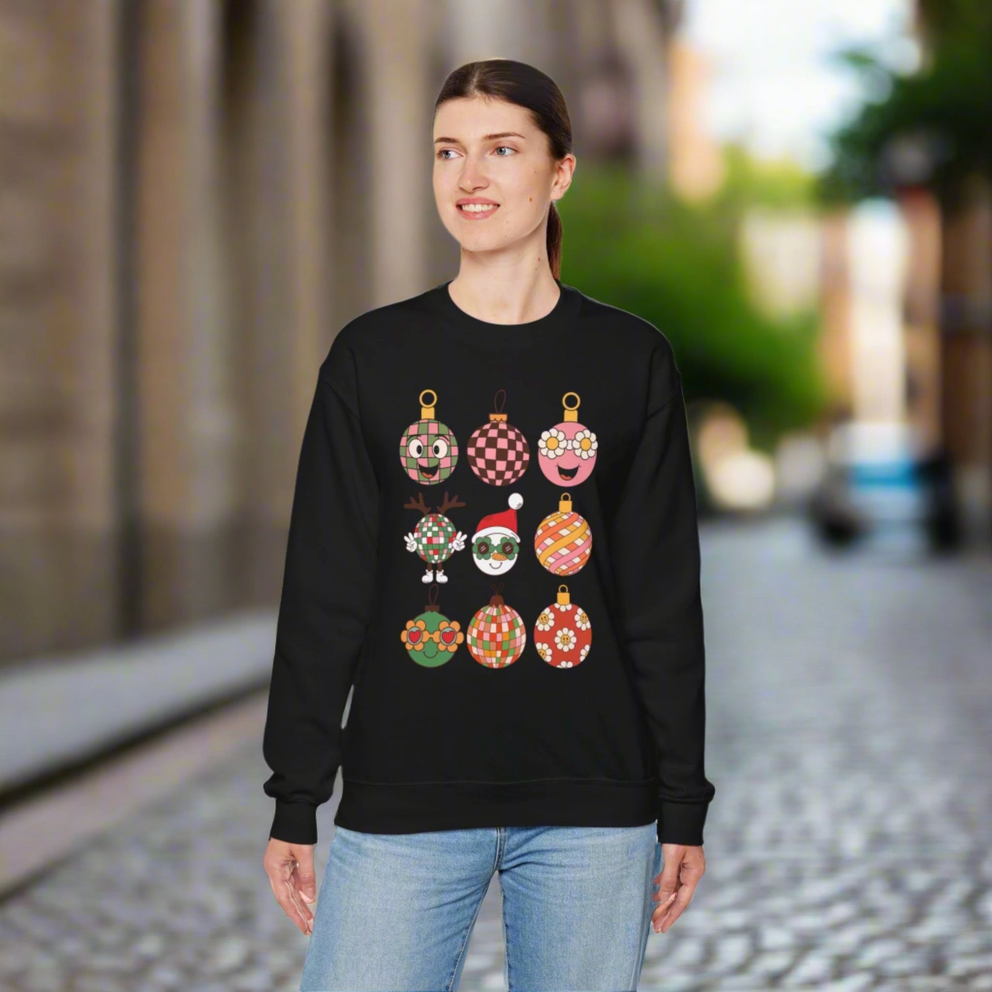 Retro Christmas Ornament Sweatshirt printed with nine quirky cartoon ornaments, including florals, plaids, and Santa wearing sunglasses. This unisex holiday pullover comes in sand, black, or light pink and is available in sizes S–5XL. This ladies holiday sweatshirt features 9 different Retro Christmas, such as disco balls, snowmen, reindeer and daisies.  Ornament Sweatshirt, Vintage Xmas Shirt, Groovy Holiday Pullover, Boyfriend Crewneck, Festive Checkerboard Sweater, by jaecrece