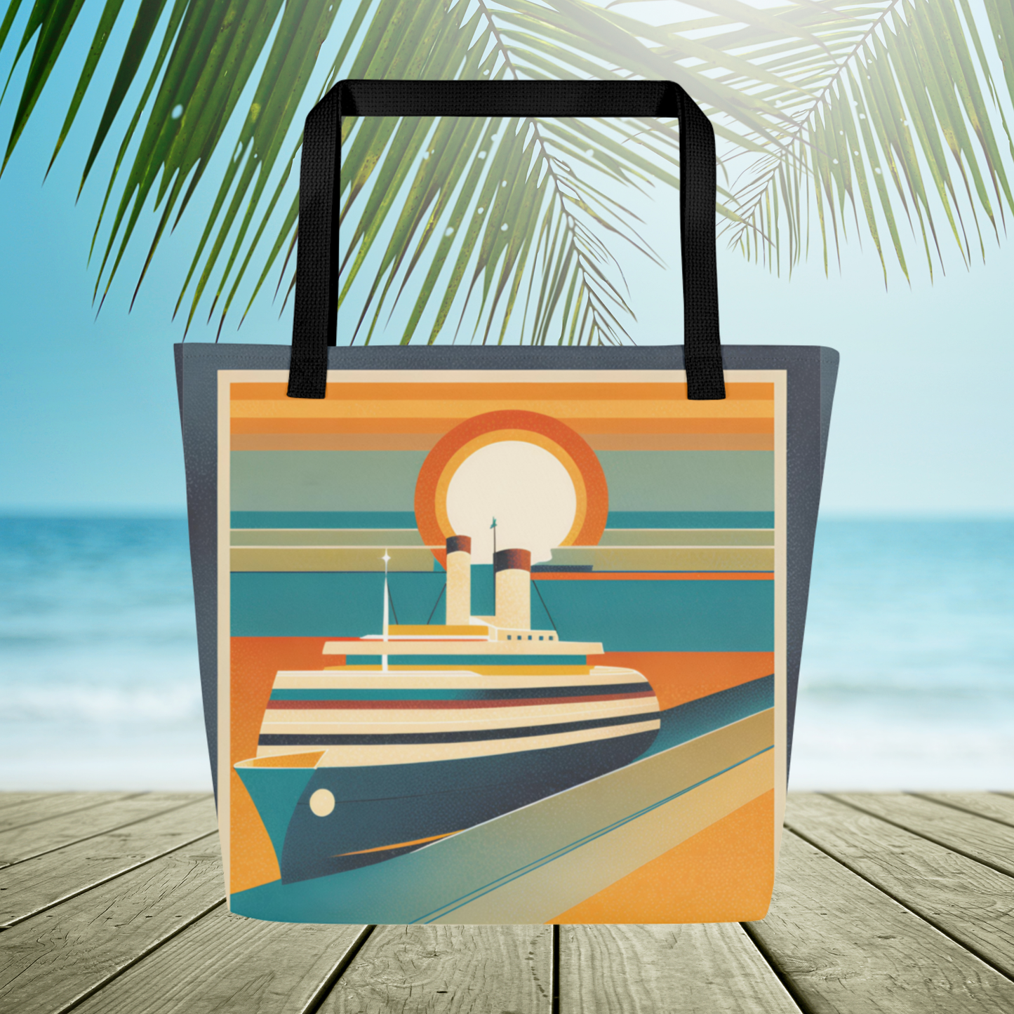 Vintage sunset tote bag featuring a retro inspired design on a large canvas style polyester tote. Designed for function and style, this everyday tote bag includes cotton webbing handles, a roomy interior pocket, and durable construction suitable for beach days, shopping trips, travel, and daily errands.