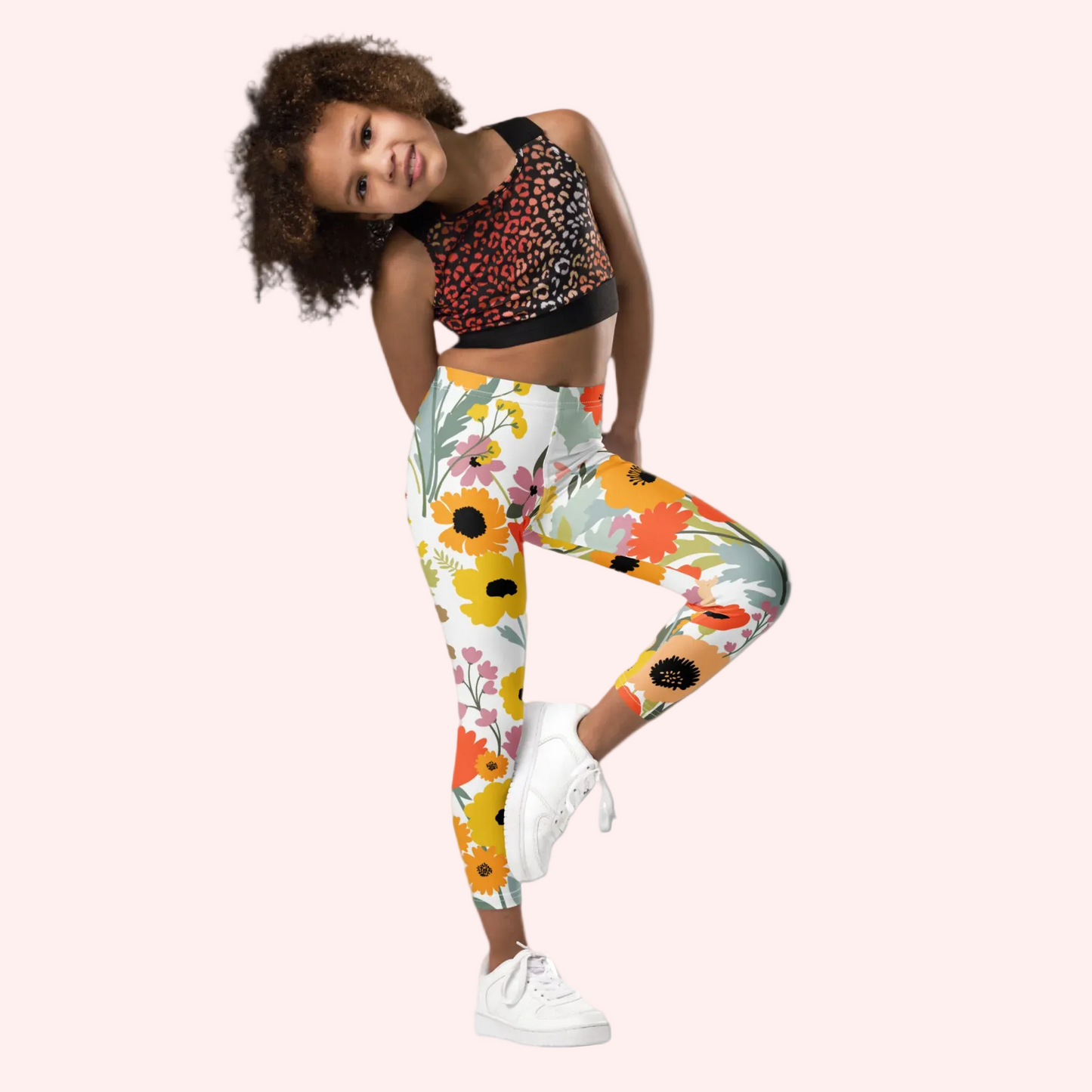 Image: Watercolor wildflower toddler leggings in sizes 2T–7 with bright floral print on a white background, perfect for spring outfits, Easter egg hunts, garden parties, and family photos. These comfy pants offer stretch and softness for active little girls. Match them with coordinating leggings for older kids and moms for a charming family look ideal for casual events and holidays, by jaecrece.

