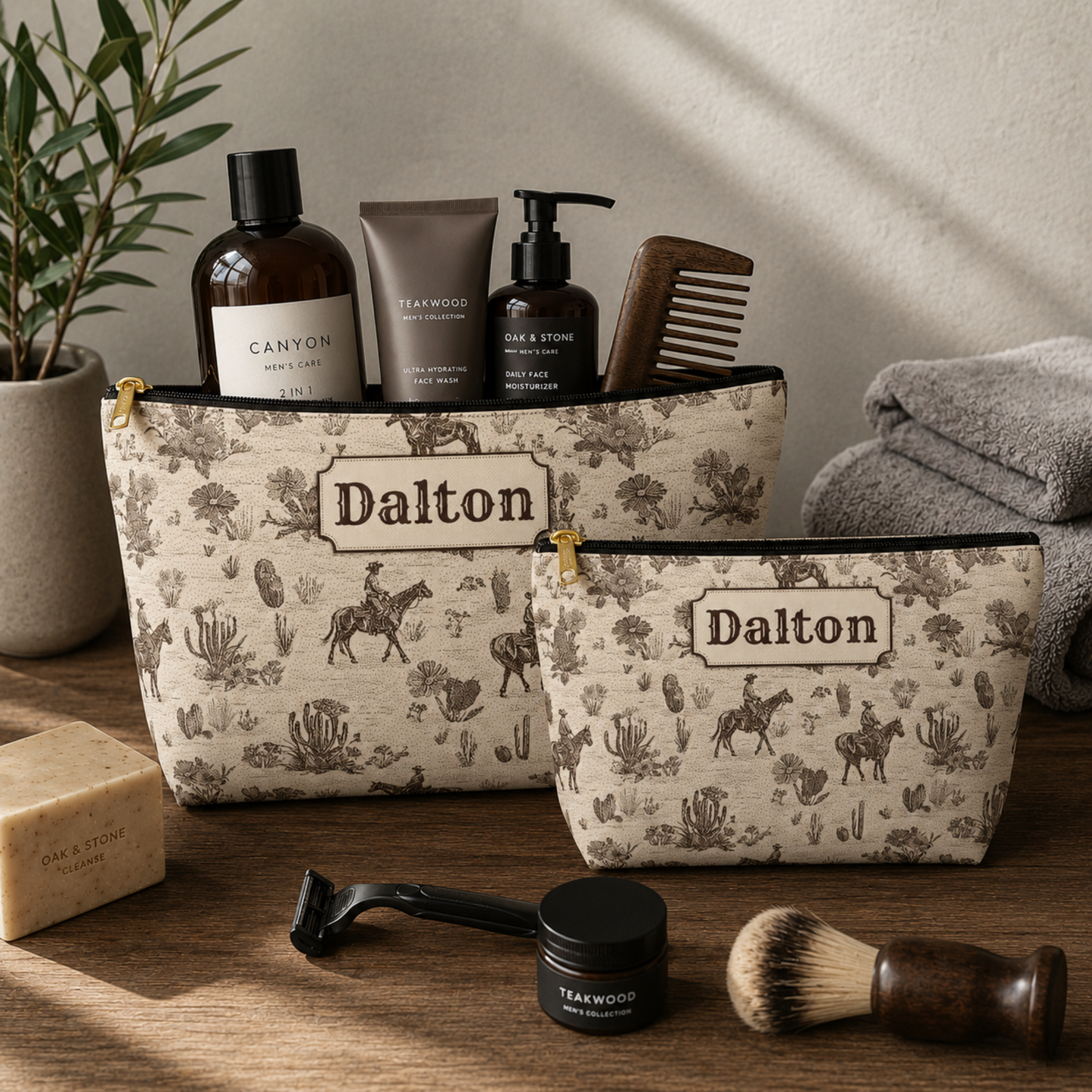 Personalized Western toiletry bag in cream and deep brown featuring a vintage cowboy toile pattern with riders on horseback, cacti, desert plants and Western ranch details. Custom name personalization makes this Western travel pouch a practical accessory for toiletries, grooming supplies, cosmetics and travel essentials.