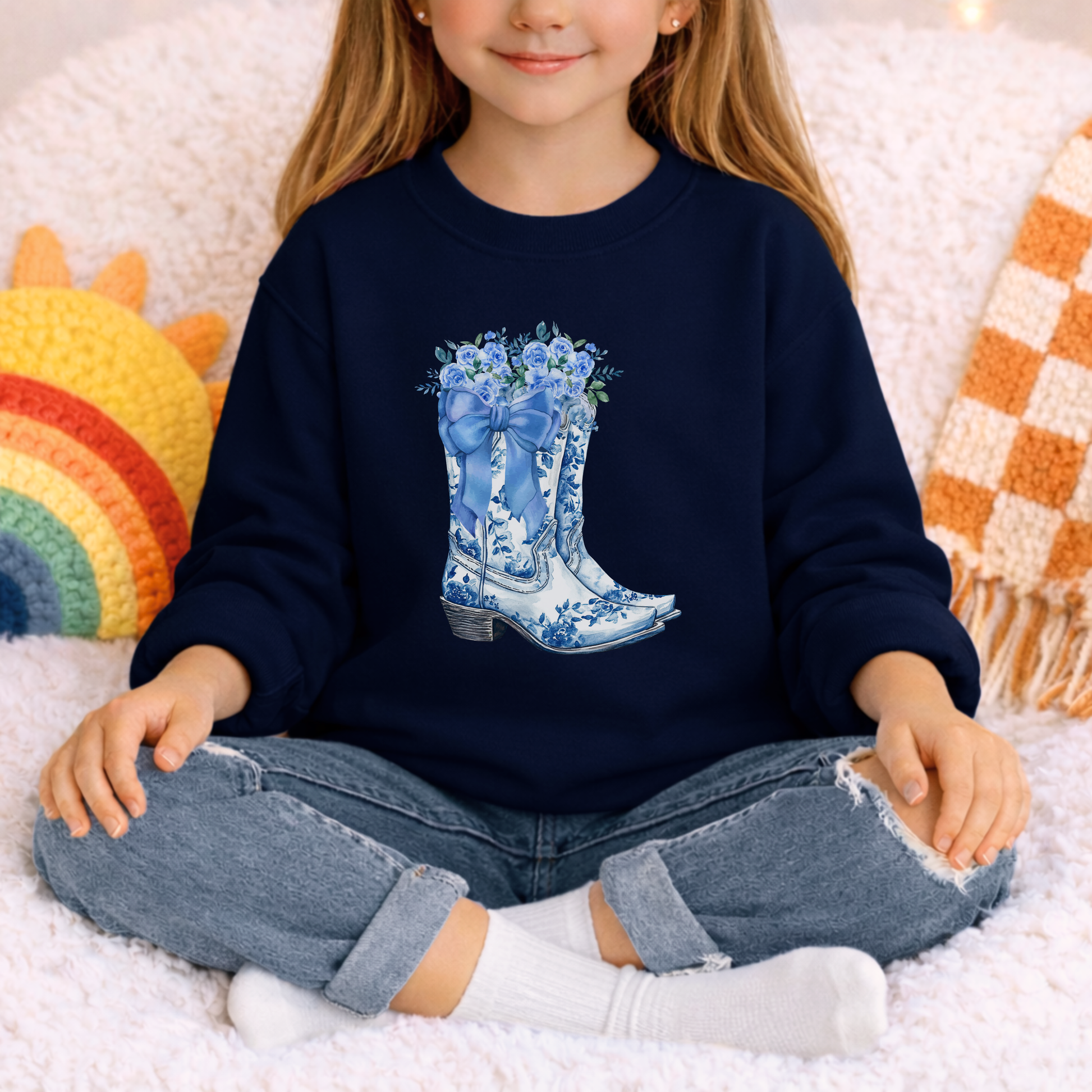 Girl modeling a navy Blue Toile Boots girls sweatshirt with a feminine floral cowboy boot graphic. The blue and white Western inspired design gives this cozy crewneck a charming country aesthetic that works beautifully for school, casual outfits, family gatherings and everyday adventures.