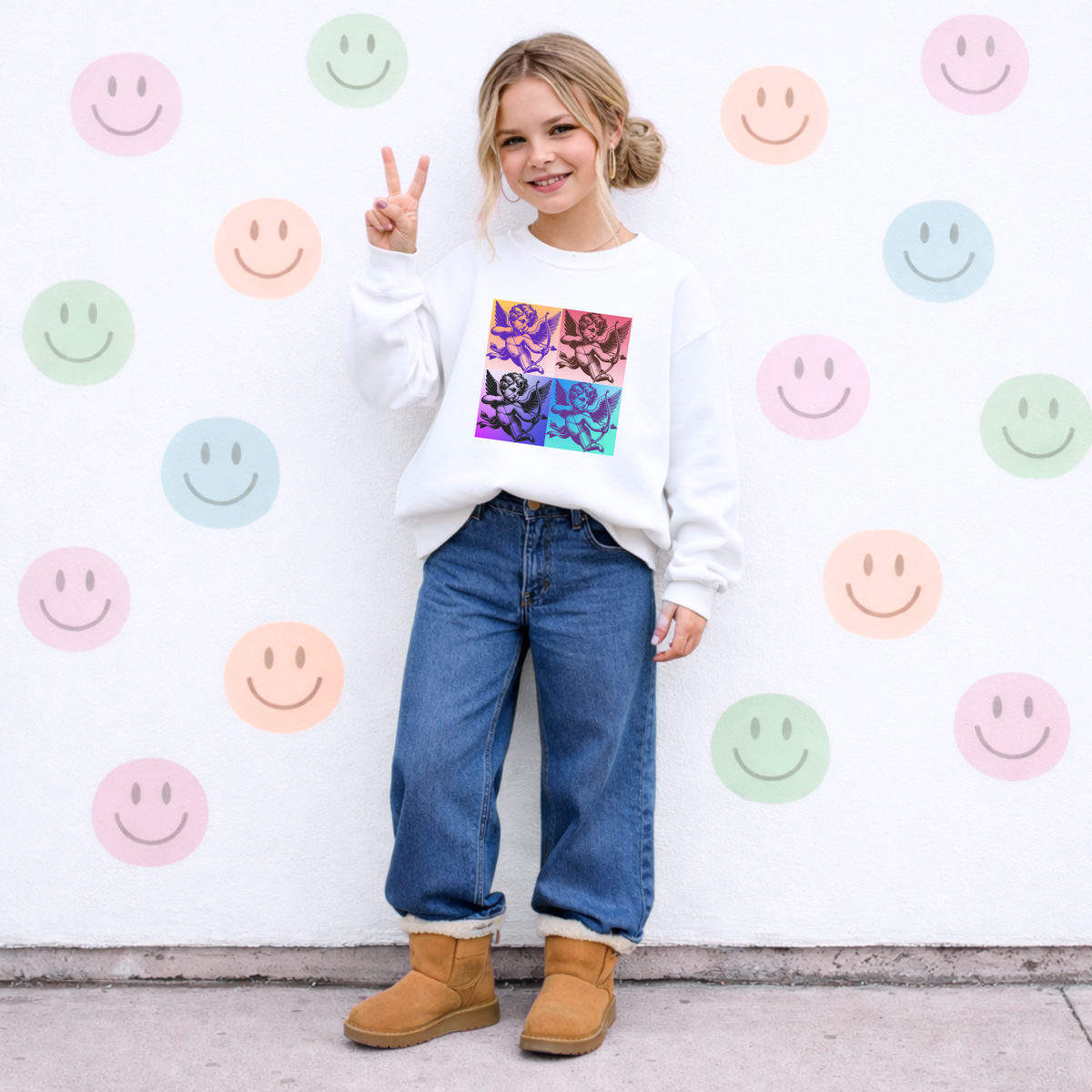 White sweatshirt featuring a colorful four panel Cupid graphic inspired by vintage pop art, with cherubs in purple, pink, black and turquoise. A smiling tween girl wears the relaxed crewneck with wide leg jeans and tan boots against a pastel smiley face background. A fun Valentine’s Day, Galentine’s Day, cupidcore, Y2K and retro gift idea for tween and teen girls.