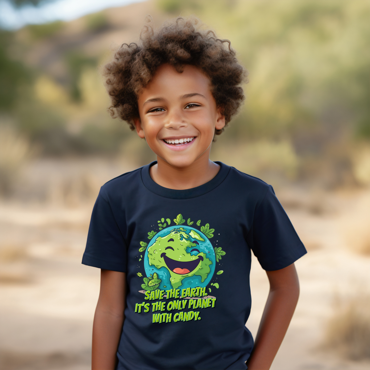 White kids Earth Day shirt with smiling cartoon planet Earth and leafy green design, funny Save Earth It’s the only planet with candy graphic tee for school, classroom and Earth Day events