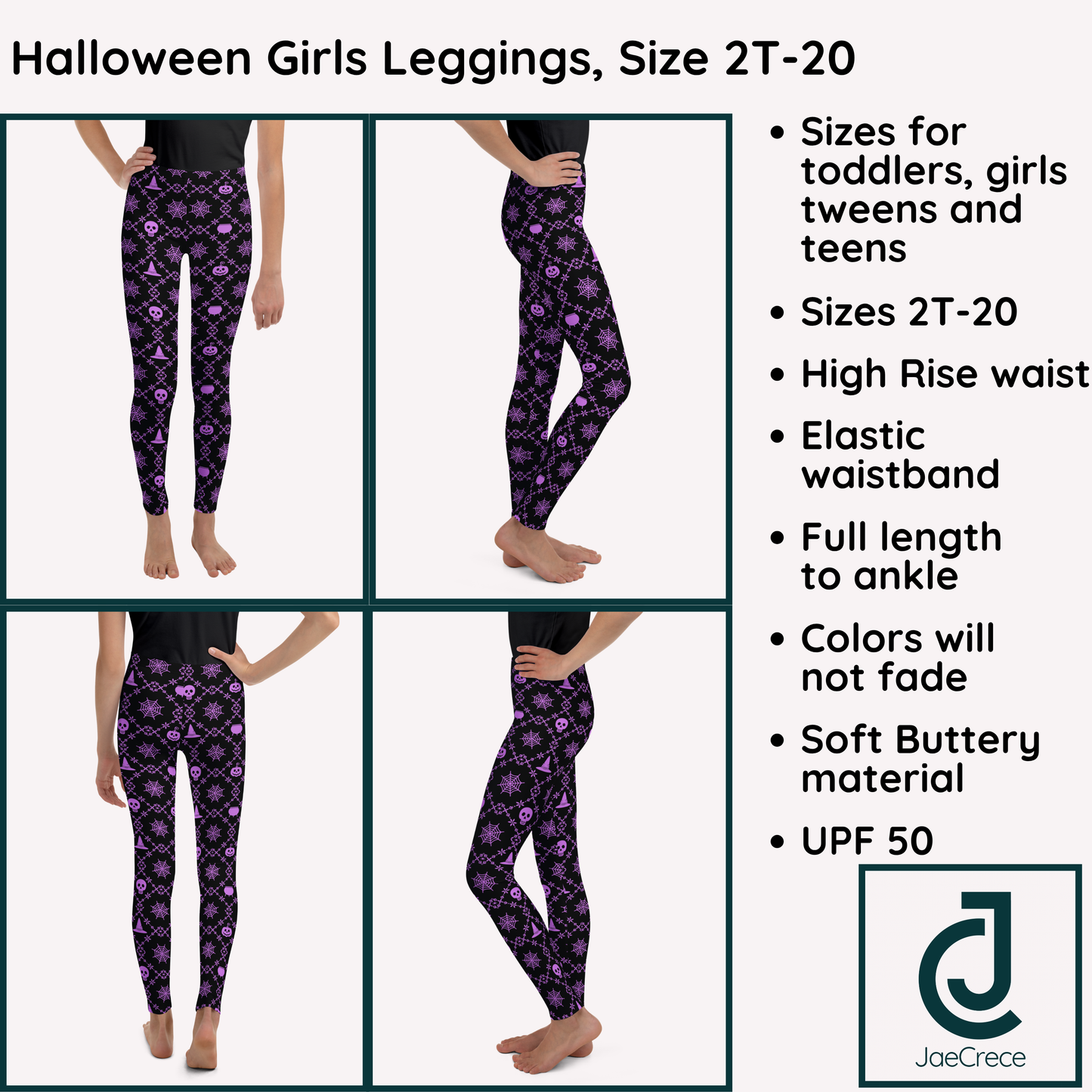 Tween Halloween leggings featuring a bold purple and black geometric Halloween design, full length legs and a comfortable high rise waist, perfect for tween fall outfits, Halloween school events, trick or treating, fall festivals and casual everyday wear