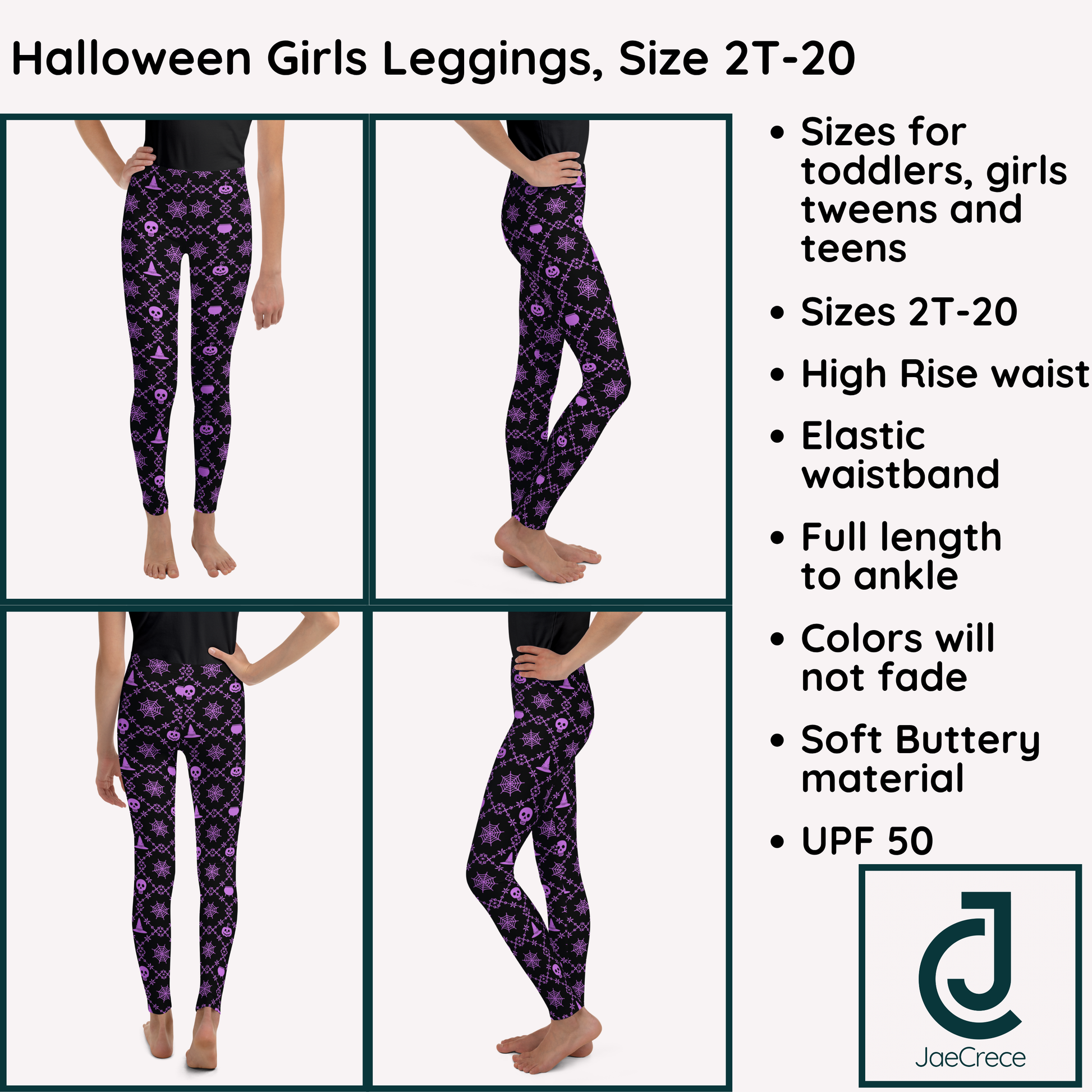 Tween Halloween leggings featuring a bold purple and black geometric Halloween design, full length legs and a comfortable high rise waist, perfect for tween fall outfits, Halloween school events, trick or treating, fall festivals and casual everyday wear