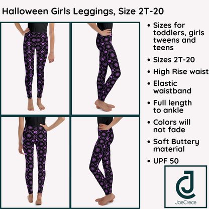 Tween Halloween leggings featuring a bold purple and black geometric Halloween design, full length legs and a comfortable high rise waist, perfect for tween fall outfits, Halloween school events, trick or treating, fall festivals and casual everyday wear
