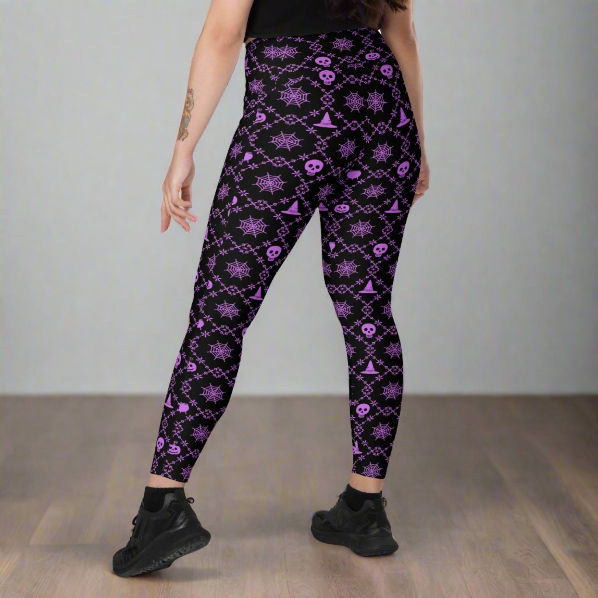Celebrate spooky season with Wickedly Cute Women's Halloween Leggings with Pockets, size-inclusive 2XS–6XL, featuring pumpkin and skull designs, high-waisted and flattering, soft stretchy fabric with functional pockets. Pair with matching toddler sizes 2T–7 for family coordinating outfits. Ideal for Halloween parties, fall festival attire, cozy nights at home, plus-size fashion, seasonal leggings, trick-or-treating, festive wardrobe, and eco-friendly made-to-order women's leggings.