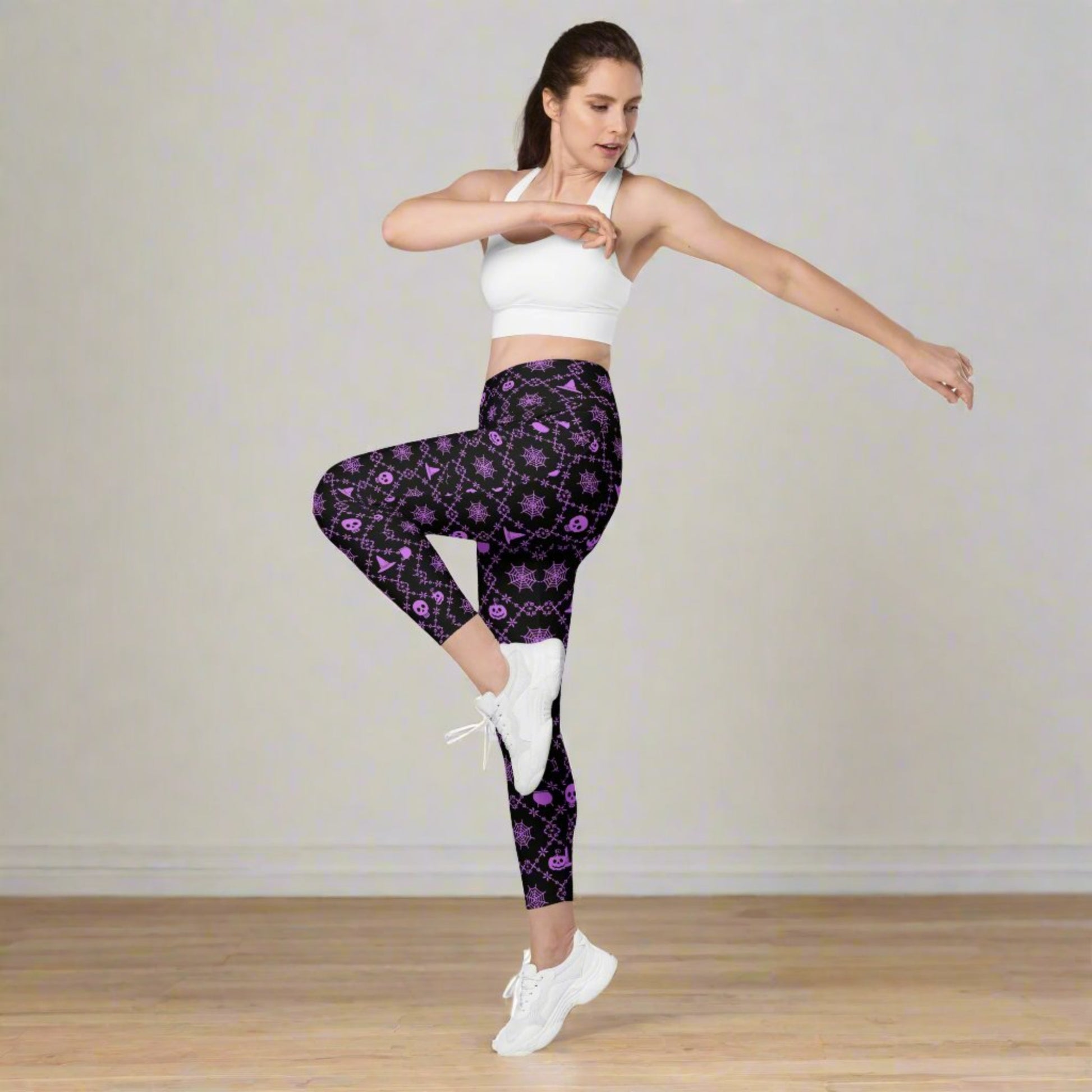 Wickedly Cute Women's Halloween Leggings with Pockets combine comfort and festive fun with soft stretchy fabric, high-waisted tight fit, and functional side pockets. Available in size-inclusive 2XS–6XL and matching toddler sizes 2T–7 for family matching outfits. Featuring pumpkins, skulls, and spooky prints, perfect for trick-or-treating, fall festivals, cozy nights, plus-size fashion, seasonal leggings, Halloween clothing, festive wardrobe, eco-conscious made-to-order leggings, and stylish Halloween appare