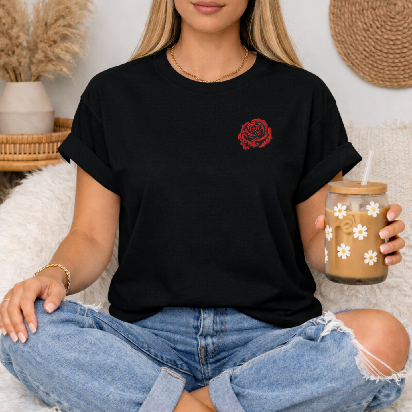 Gift ready embroidered rose shirt for women with a red floral embroidery inspired by tattoo art and timeless rose symbolism. This June birth flower shirt makes a thoughtful birthday gift, anniversary present, or sentimental surprise for someone who loves flowers with meaning. Designed to feel soft, cozy, and easy to style for everyday wear.