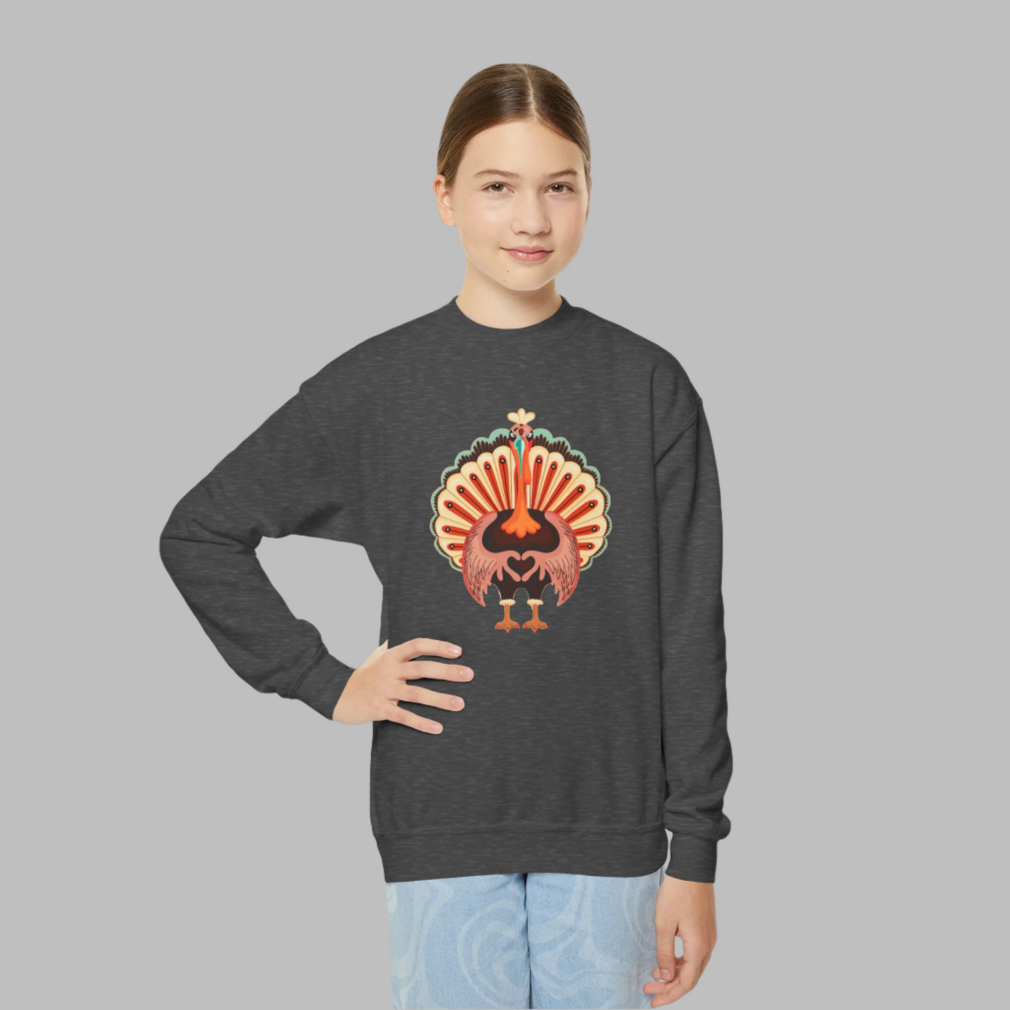 Image: Turkey Day Sweatshirt in Child Sizes. This Thanksgiving Day crewneck Sweater features a large Turkey making the love sign with his hands. This kids cozy pullover makes a perfect gift or Turkey Trot outfit, by jaecrece