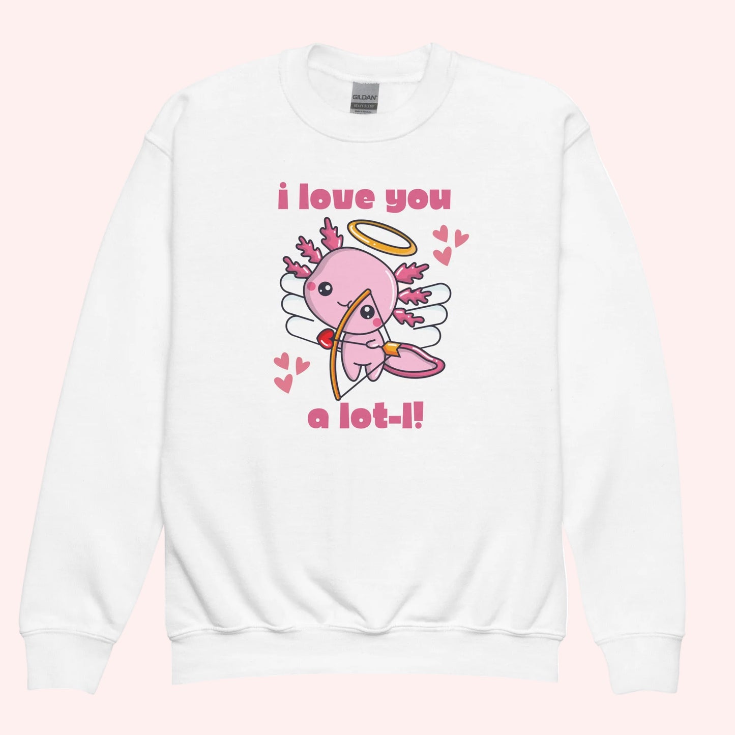 Flat lay of youth axolotl Valentine sweatshirts displayed in white, each featuring the adorable axolotl cupid design with wings, halo, hearts, and the phrase I love you a lot l. The classic crewneck style highlights the soft fleece fabric and vibrant print quality. Designed in child sizes XS through XL, these sweatshirts are perfect for kids Valentine outfits, school wear, and matching family apparel.